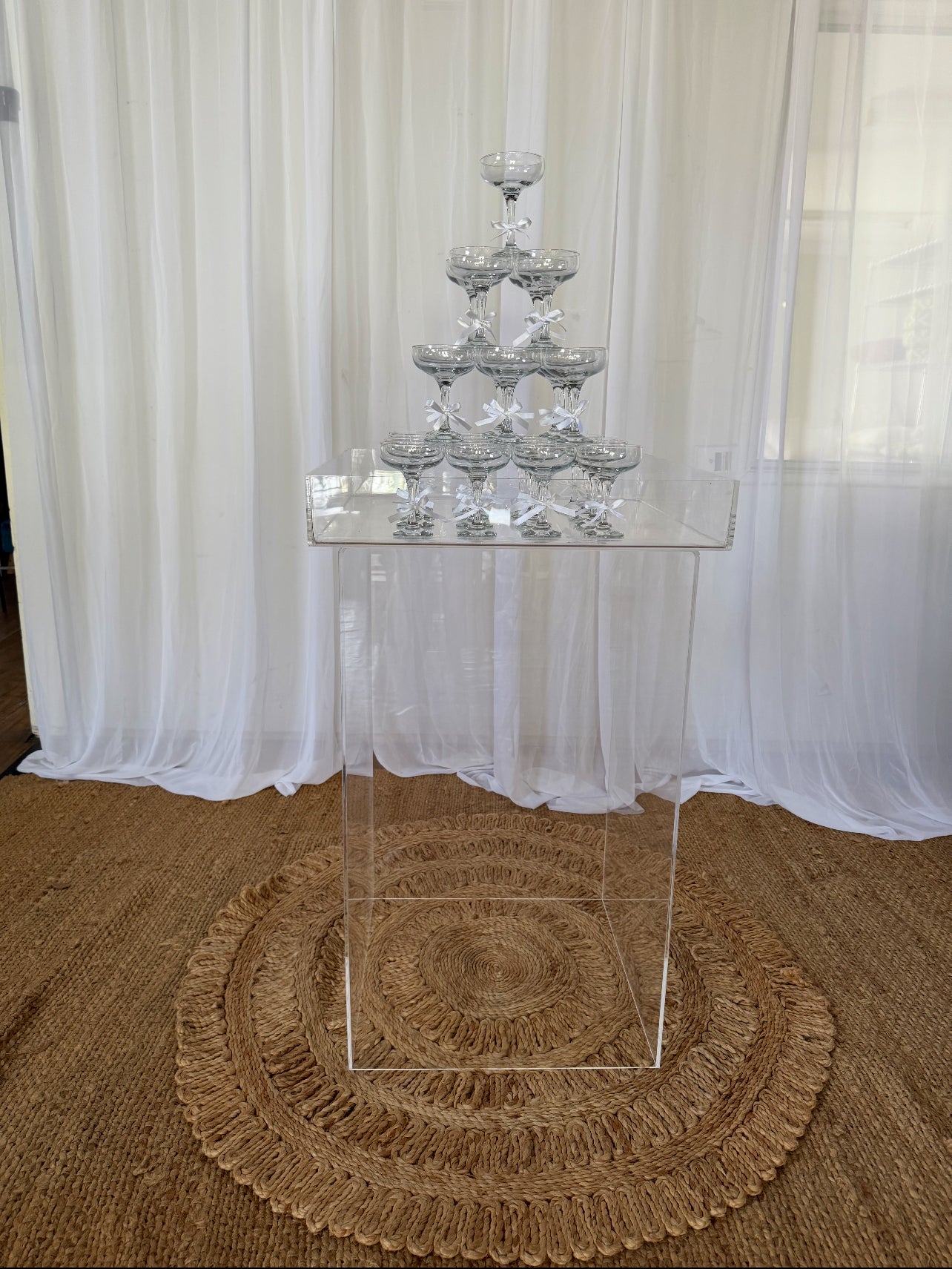 RVH Acrylic Clear Champagne Tower Tray & Plinth Rockhampton Vintage Hire Weddings Rockhampton