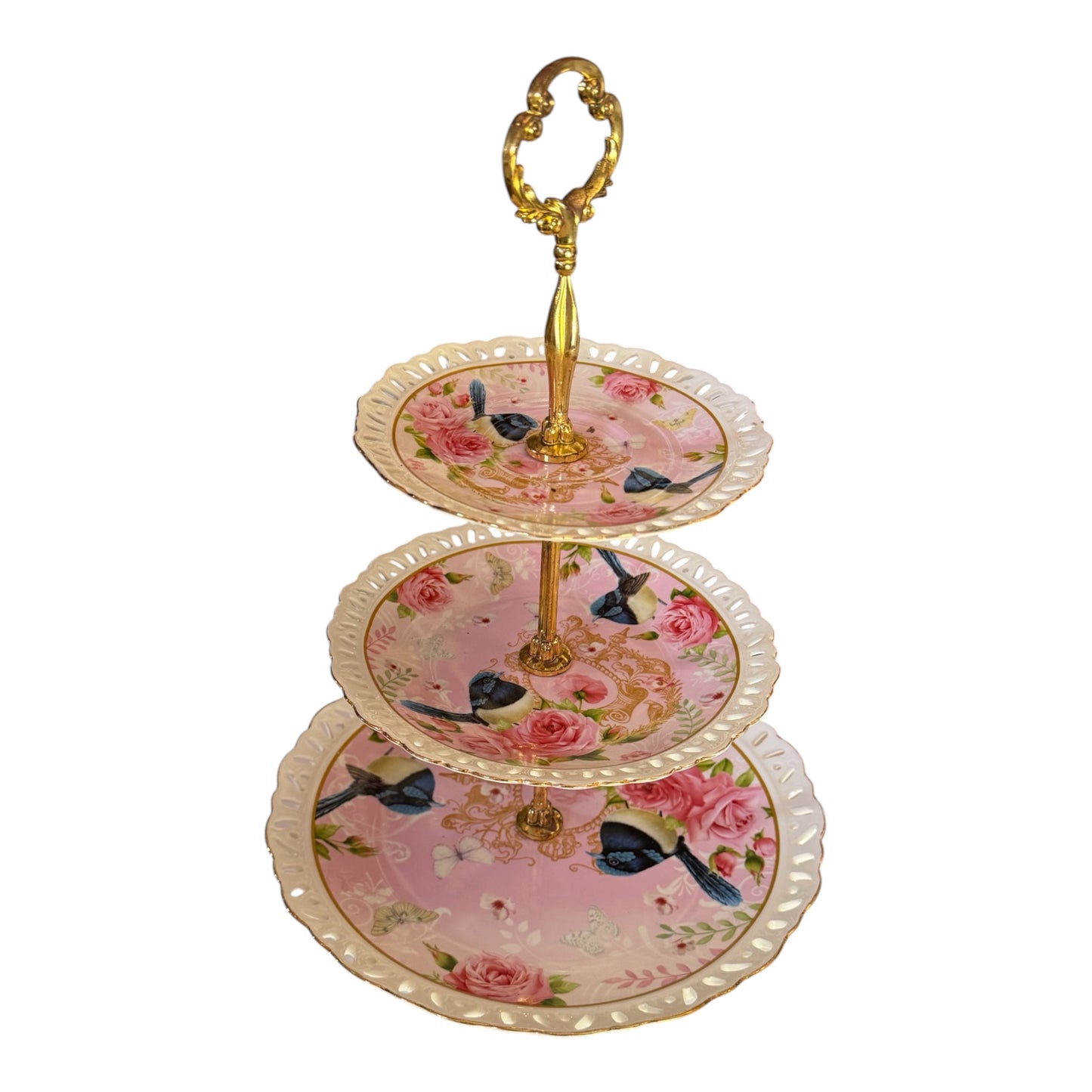 This gorgeous Pink with Blue Bird 3-Tier Cake Stand features a vintage-inspired pink floral and bird motif paired with a center tier rod and carry ring. Rockhampton Vintage Hire - Hire High Tea Rockhampton, weddings & events hire