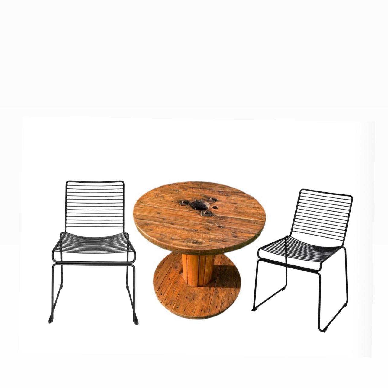 RVH Cable Reel + Black Metal Wire Chair Packages Rockhampton Vintage Hire. Wedding & Event hire