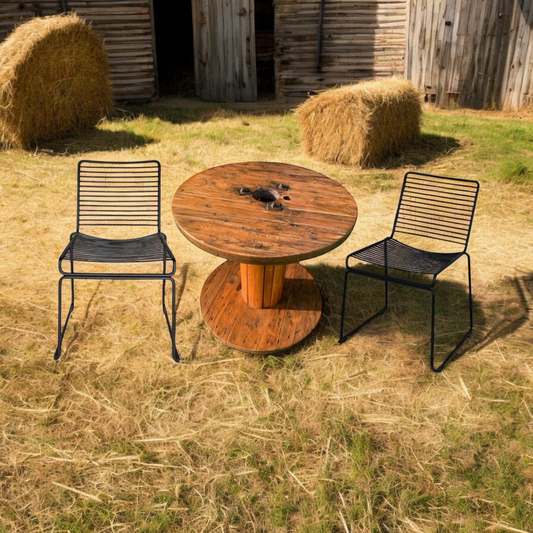 RVH Cable Reel + Black Metal Wire Chair Packages Rockhampton Vintage Hire. Wedding & Event hire