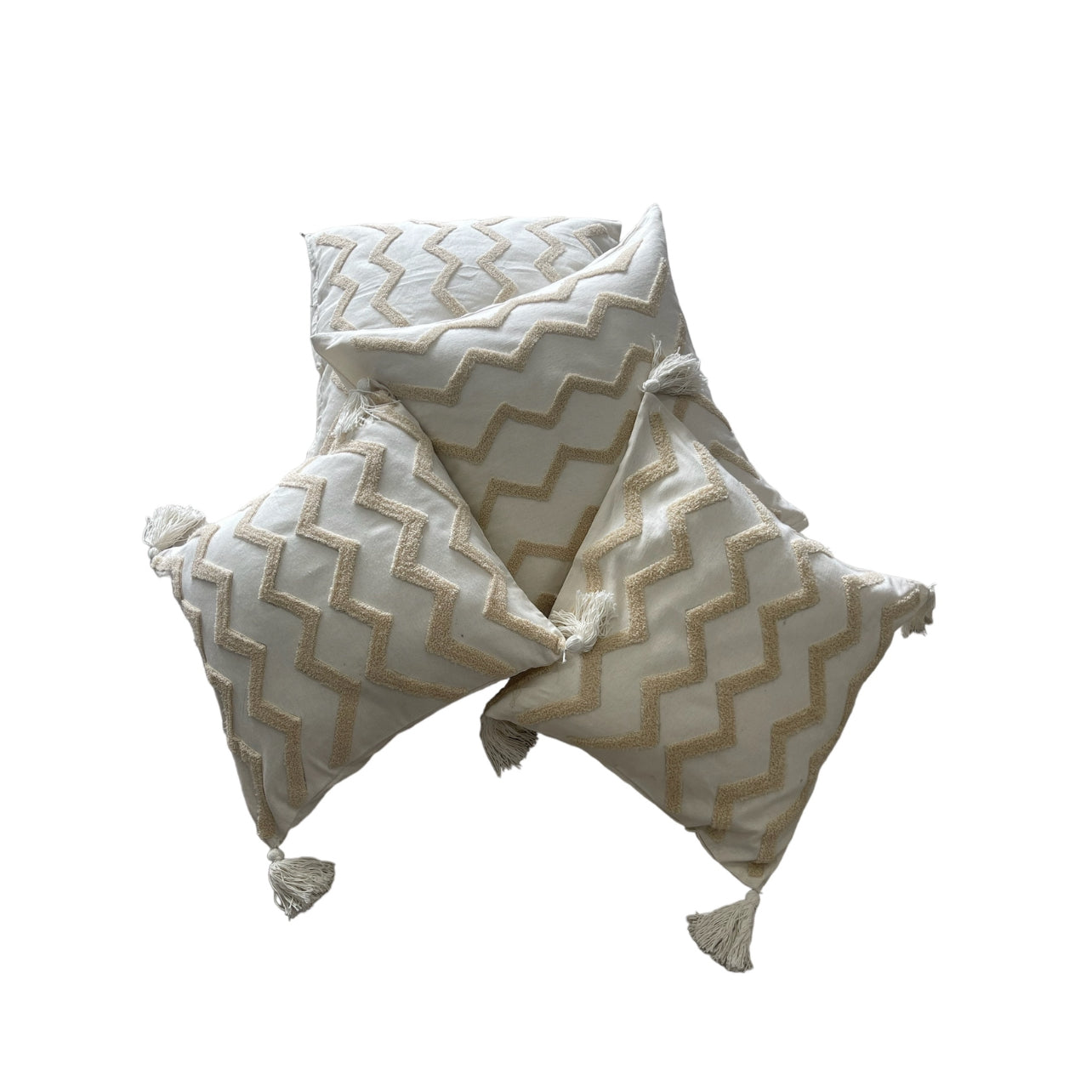 Mixed Size Cushions - Cream Beige Tufted Zig Zag Pattern Rockhampton Vintage Hire
