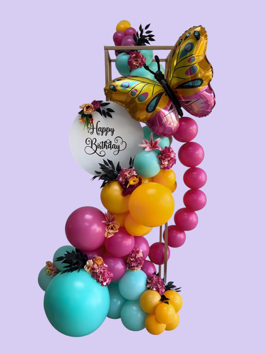 Flower/Balloon Gold Frame photo backdrop. Rockhampton Vintage Hire