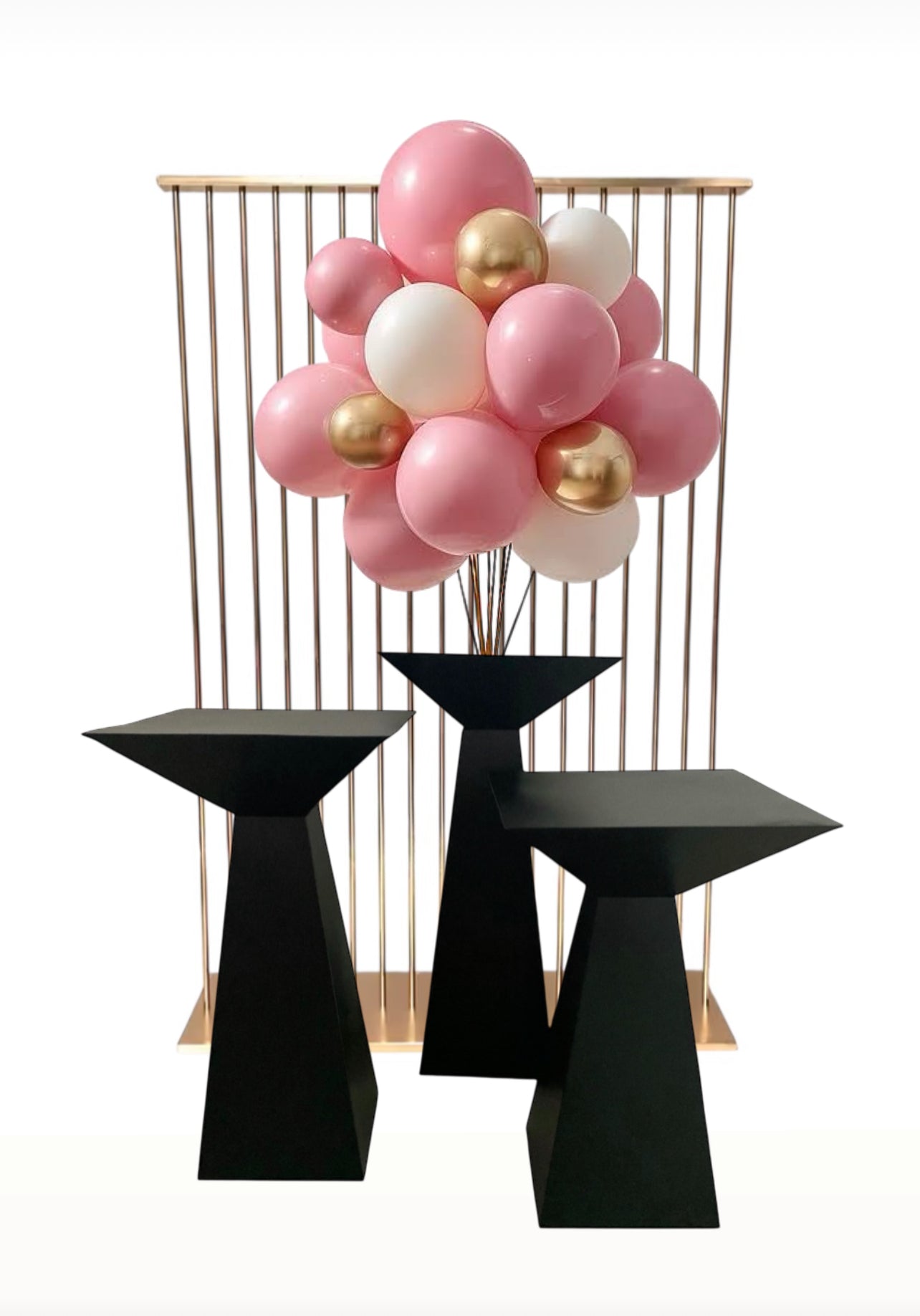 Party Combo package includes luxe gold panel backdrop + 3 tiered square black plinth set Rockhampton Vintage Hire