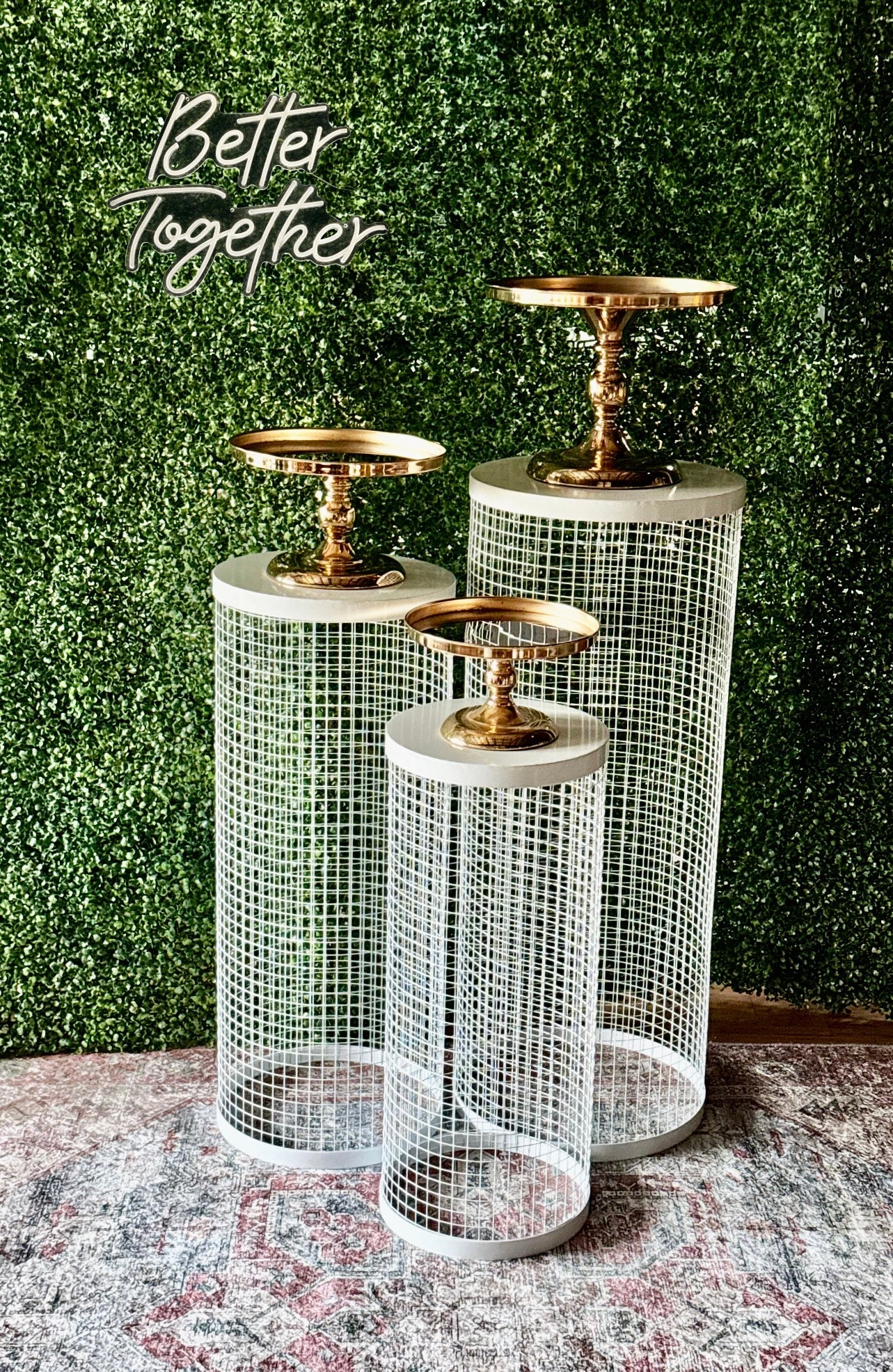 Party Combo Green Wall Backdrop + Cake Stands + Plinth Set Package Rockhampton Vintage Hire