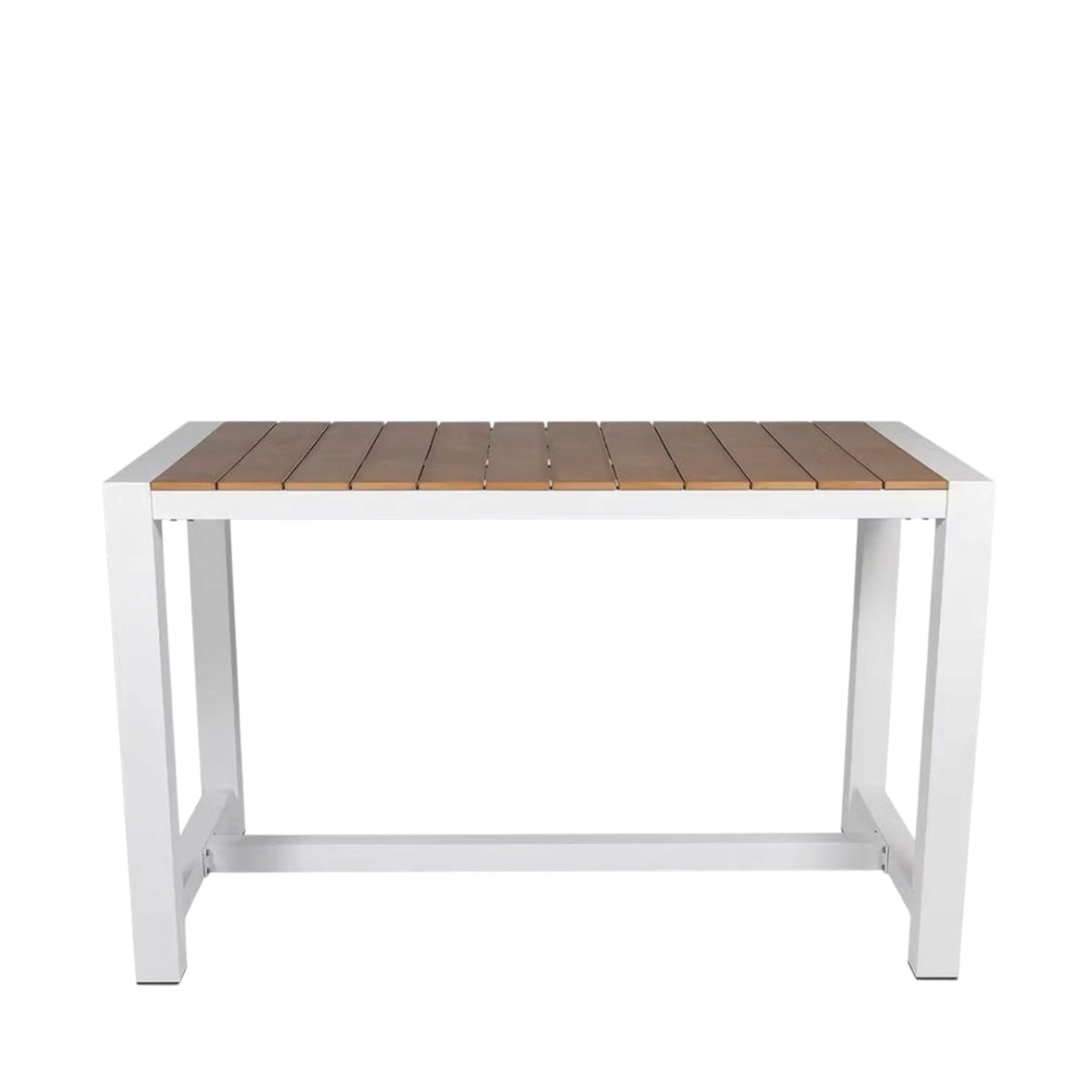 High Bar Long Counter Table - White Frame Timber Slat top. Rockhampton Vintage Hire. Weddings, events & party hire. Wedding, event & party hire