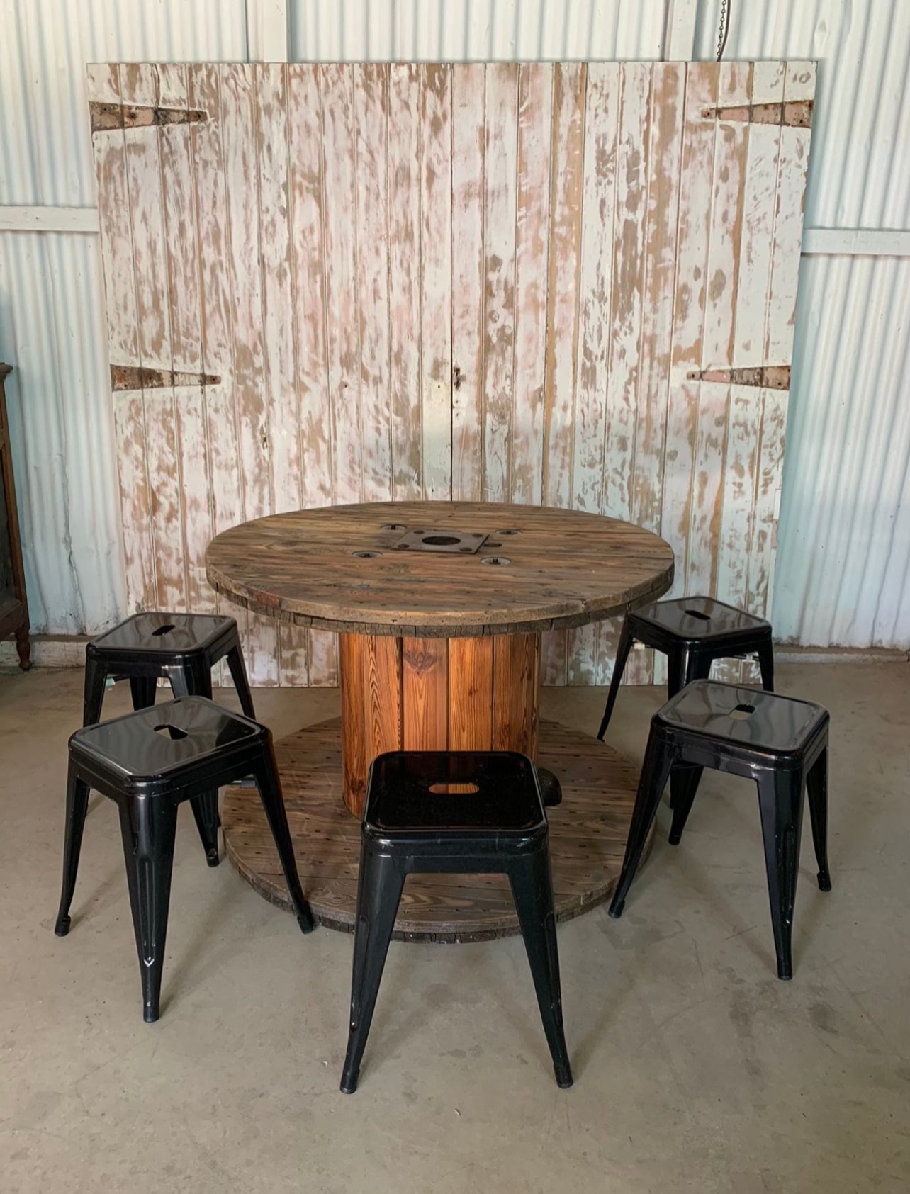 Cable Reel 110 cm diameter 73 cm high x 7 Stool Package Rockhampton Vintage Hire