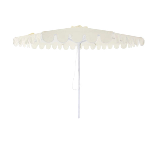 Large scalloped Umbrella Parasol, cream Inc Base Plate Hire from Rockhampton Vintage Hire