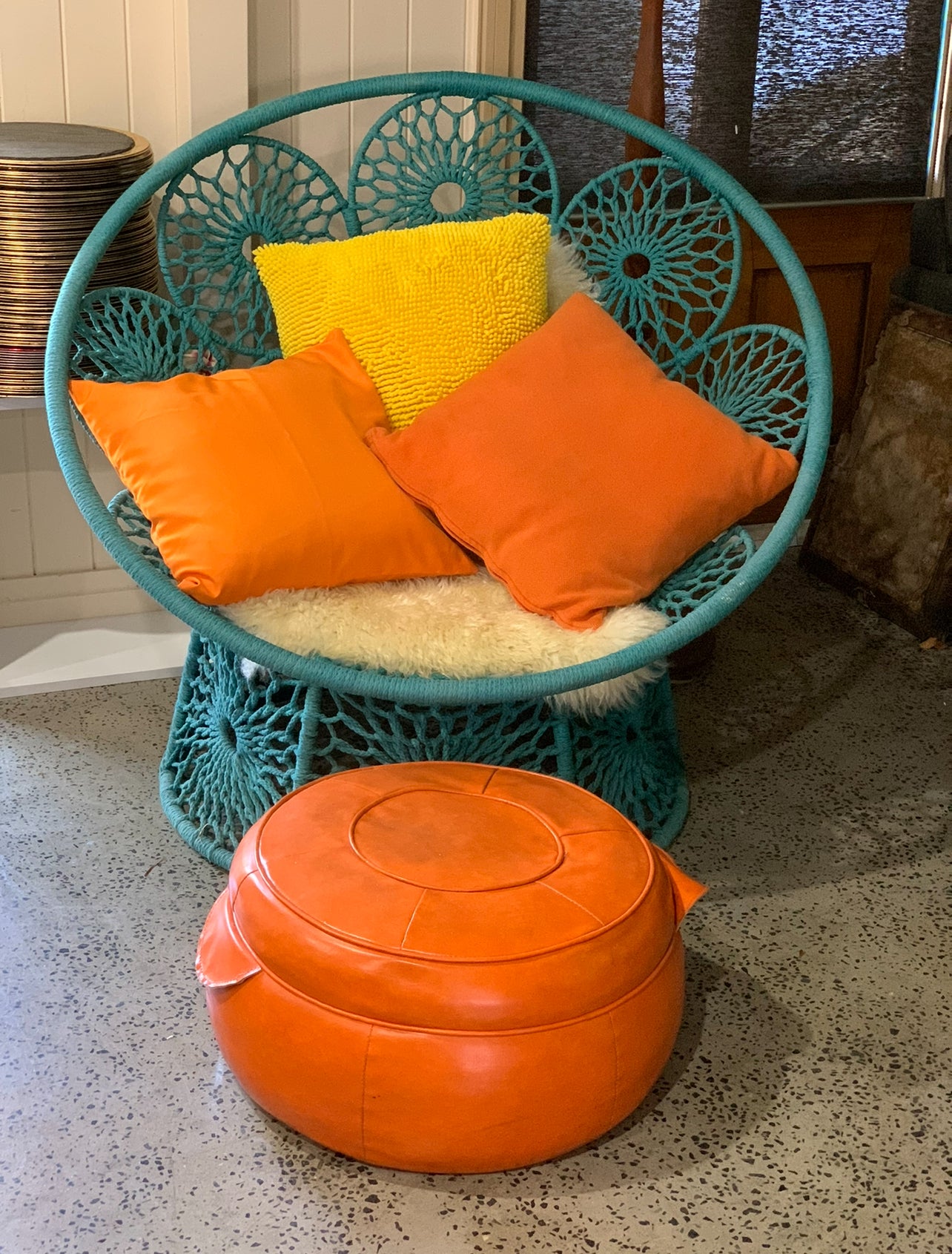 Standard Square Cushion - Yellow & Orange with Retro orange ottoman and turquoise chair Rockhampton Vintage Hire