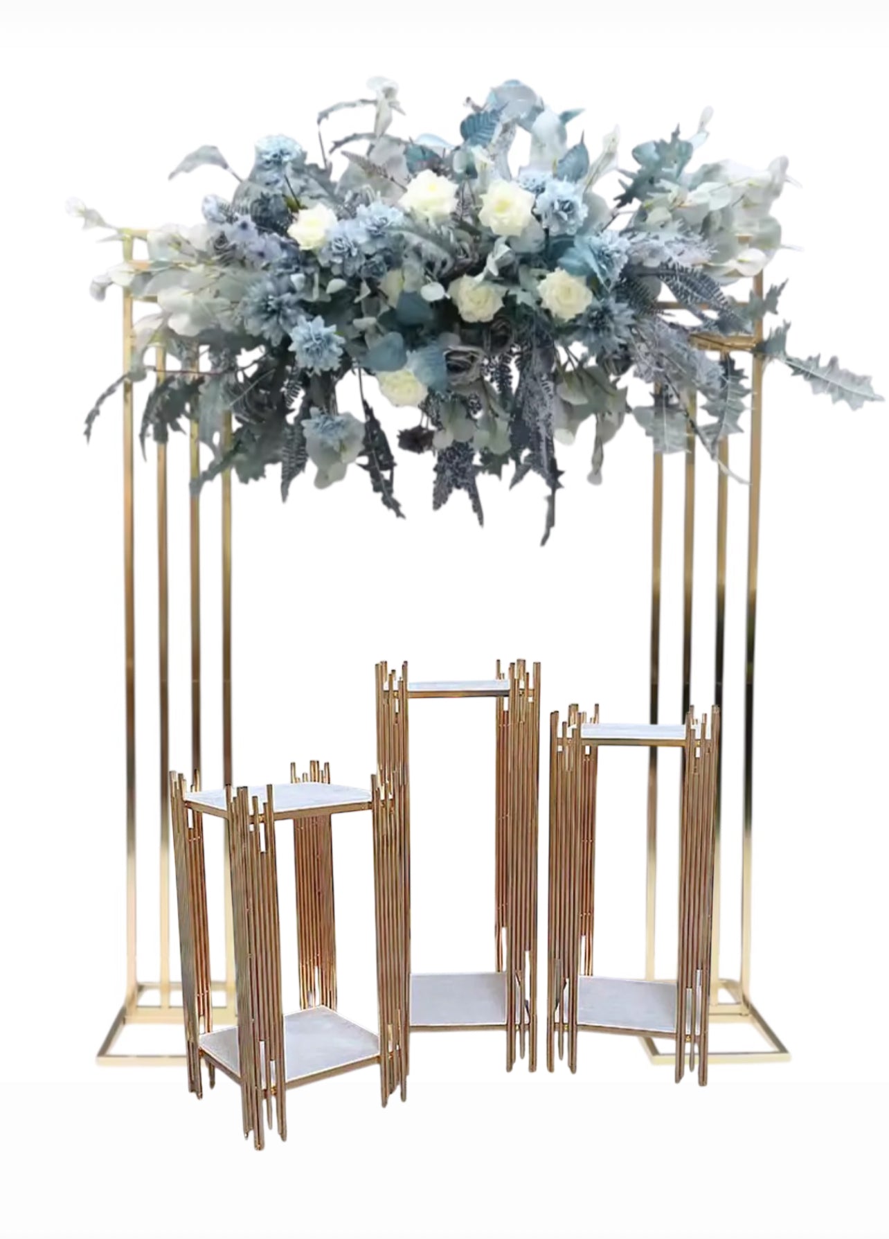 Party Combo luxe gold panel photo backdrop + 3 tiered luxe gold double shelf plinth set. Rockhampton Vintage Hire