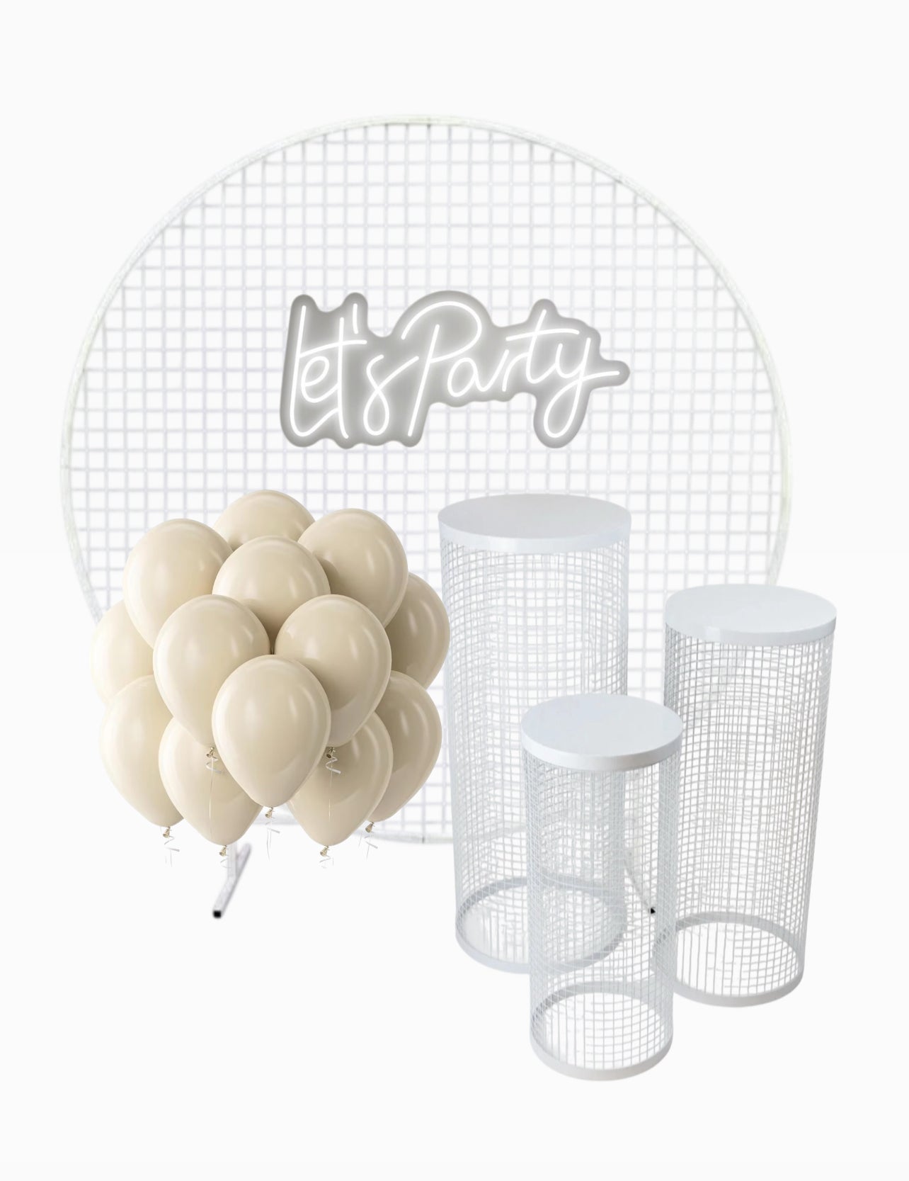 Party Combo Neon Sign, Mesh Backdrop, Plinth Set Rockhampton Vintage Hire