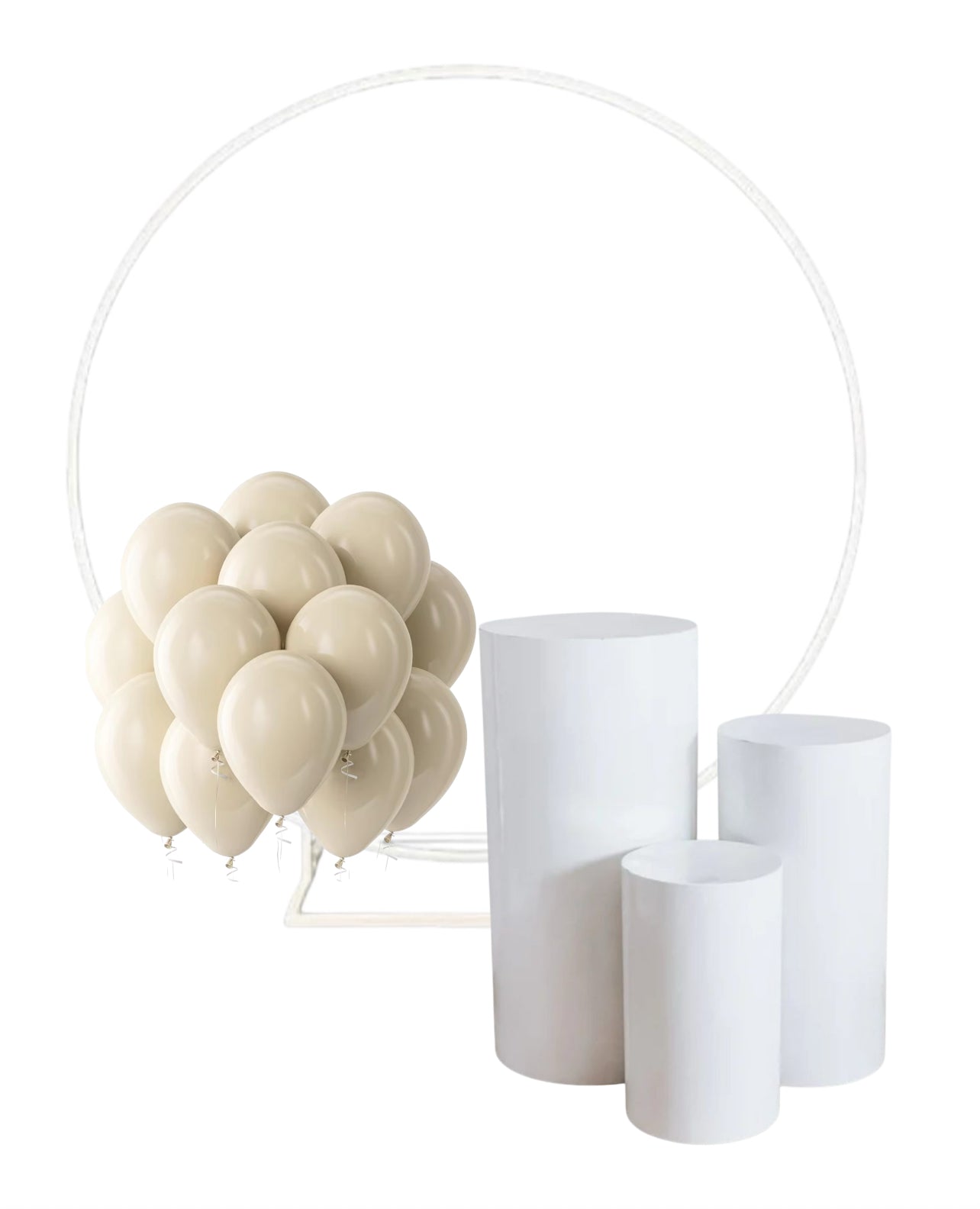 Party Combo package includes original round white photo backdrop + 3 tiered Plinth Set Rockhampton Vintage Hire