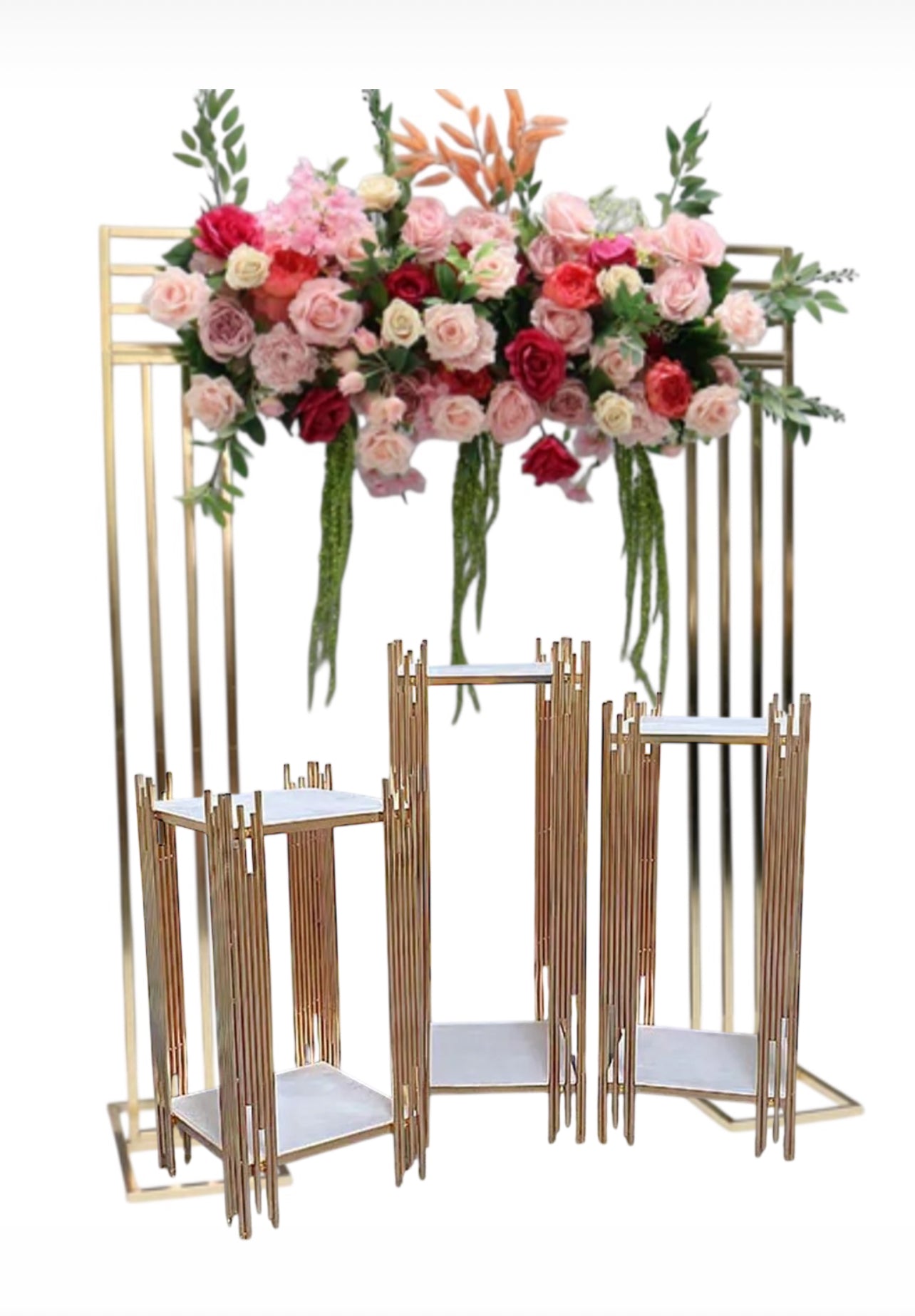 Party Combo luxe gold panel photo backdrop + 3 tiered luxe gold double shelf plinth set. Rockhampton Vintage Hire