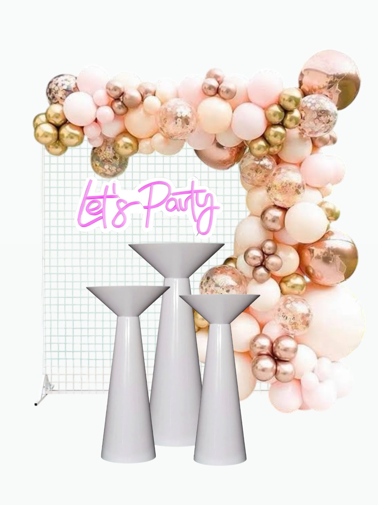 Party Combo package includes 1 square mesh photo backdrop + 3 tiered white plinth set. Rockhampton Vintage Hire