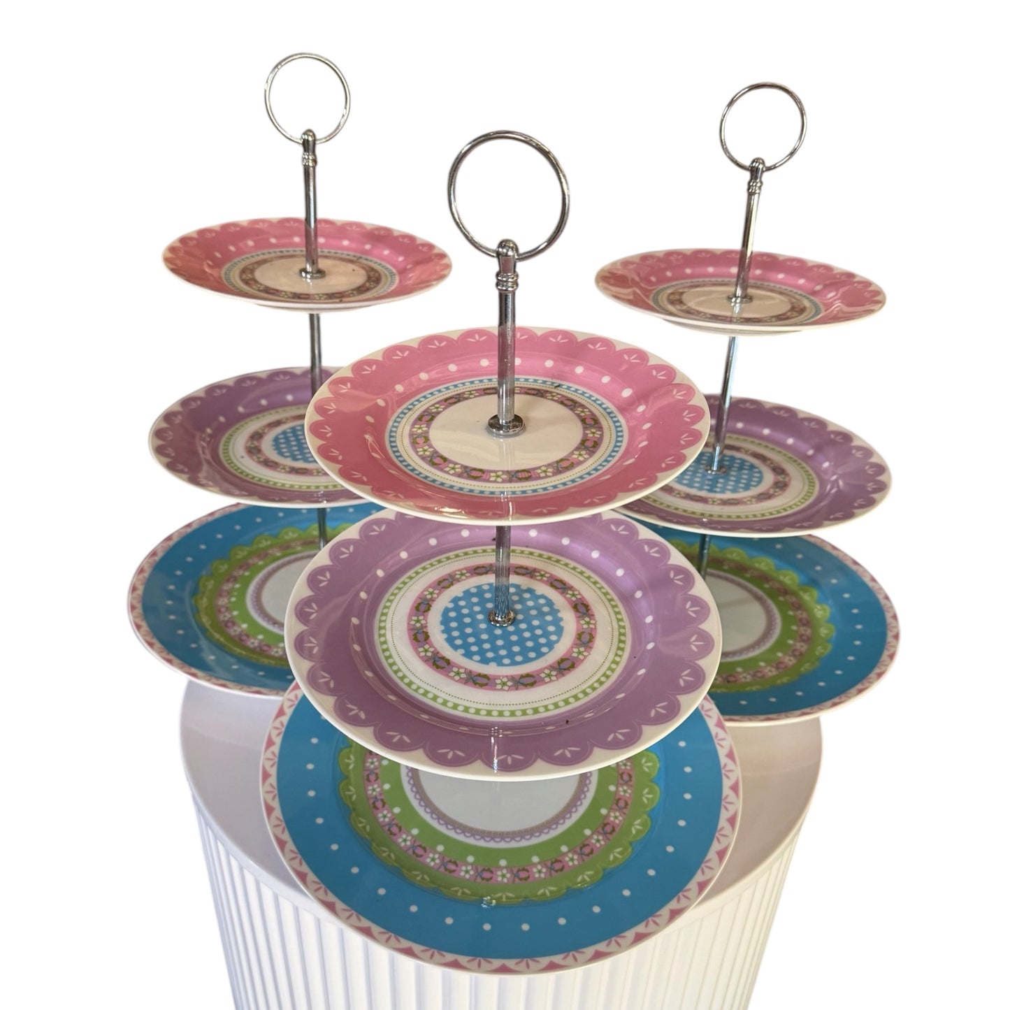 3 x available Pink, Purple & Blue 3-Tier Cake Stand with a center tier rod and carry ring. Rockhampton Vintage Hire Weddings, events