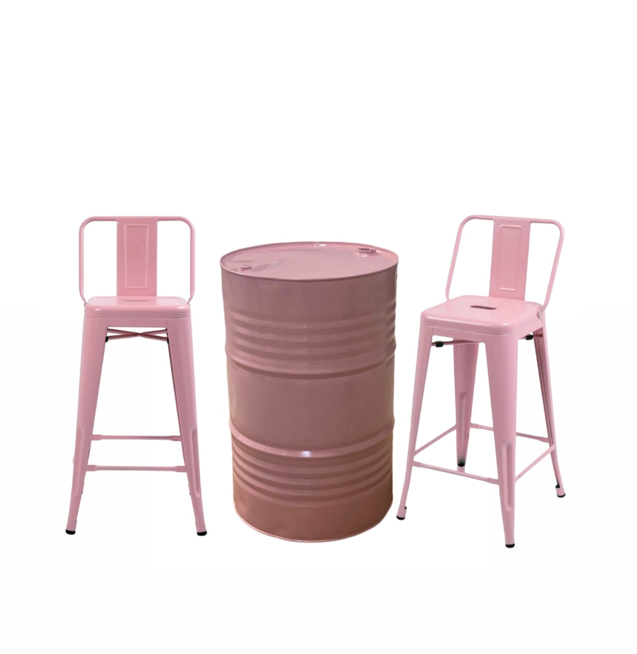RVH Pink Tolix Metal Stools with Backrest & pink gallon drum Rockhampton Vintage Hire. Party Hire, Event Hire, wedding hire