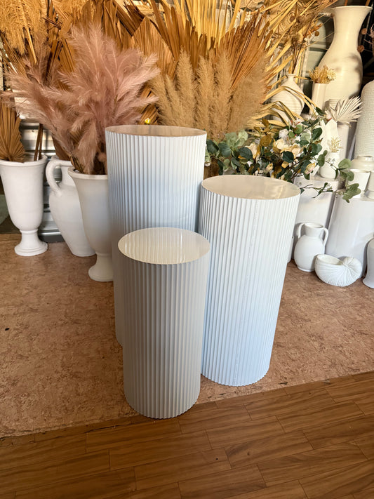 Rippled Round White Plinths set of 3 - Wedding & Event  Hire Rockhampton Vintage Hire