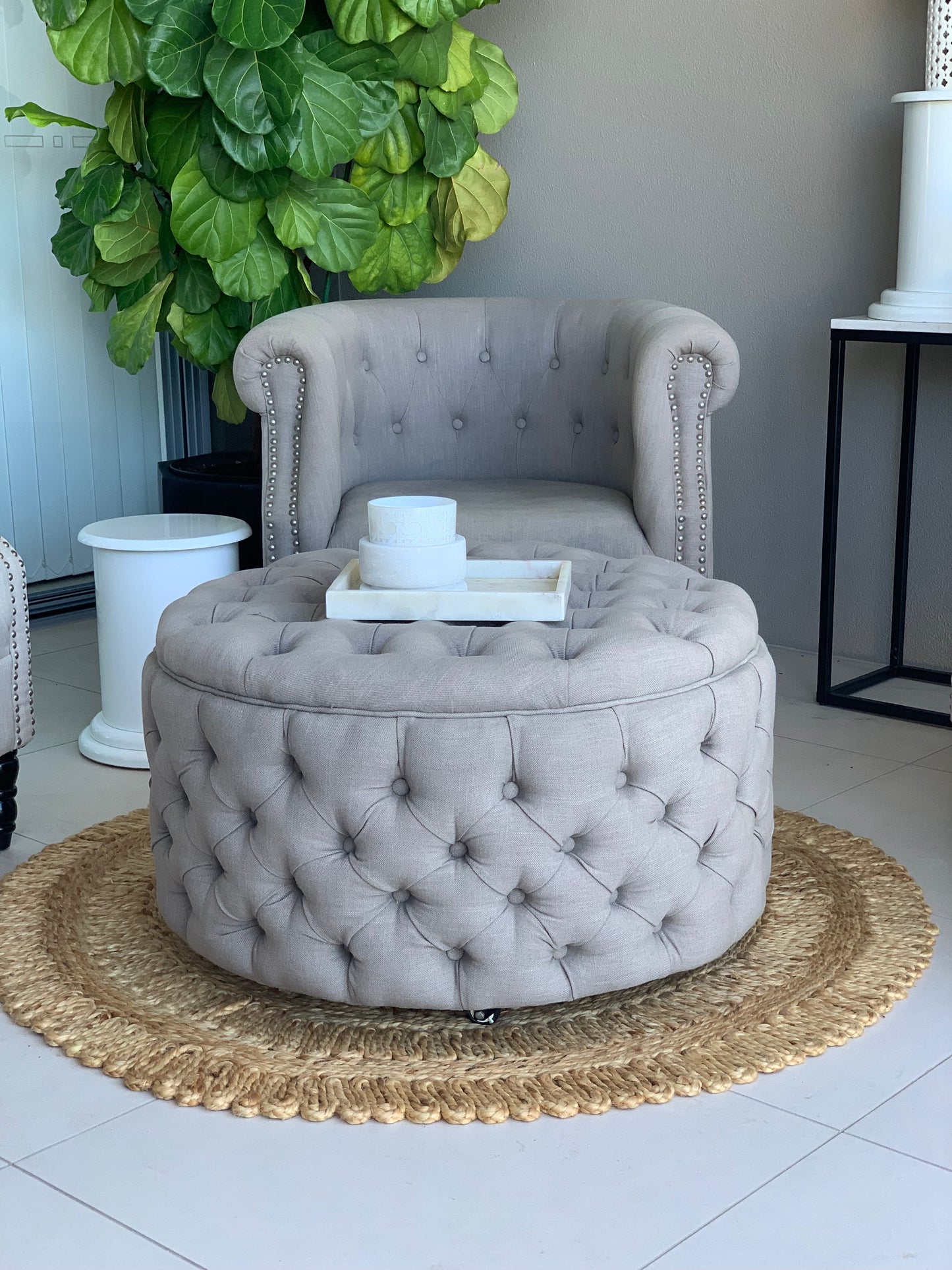 Round Light Grey Linen Ottoman event hire Rockhampton Vintage Hire
