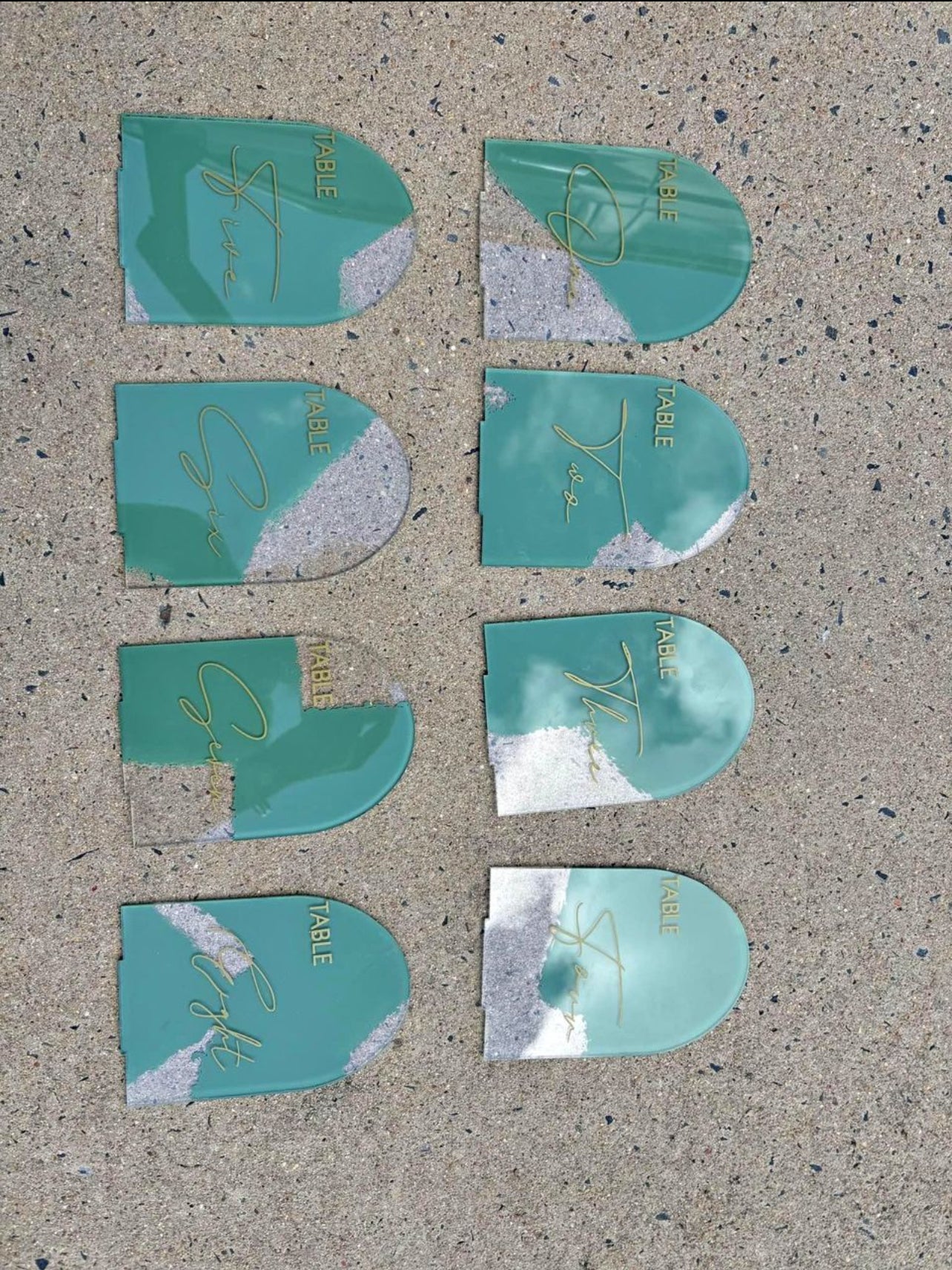 RVH Acrylic & Sage table numbers 1-8. Rockhampton Vintage Hire