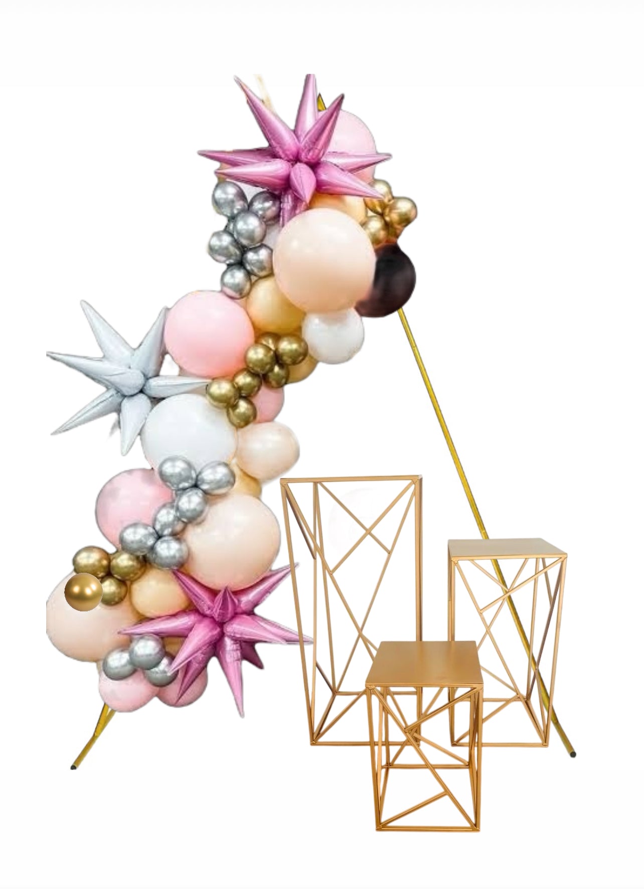 Party Combo package includes gold triangle frame photo backdrop + 3 tiered square gold geometric plinth/table set Rockhampton Vintage Hire