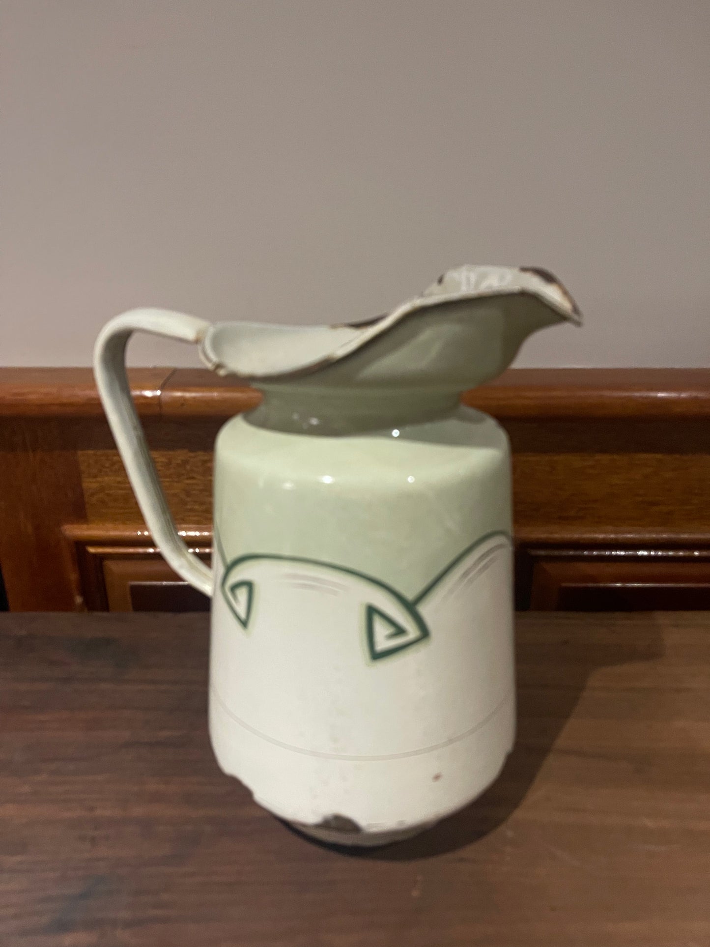 Lovely vintage green & white enamel jug Rockhampton Vintage Hire