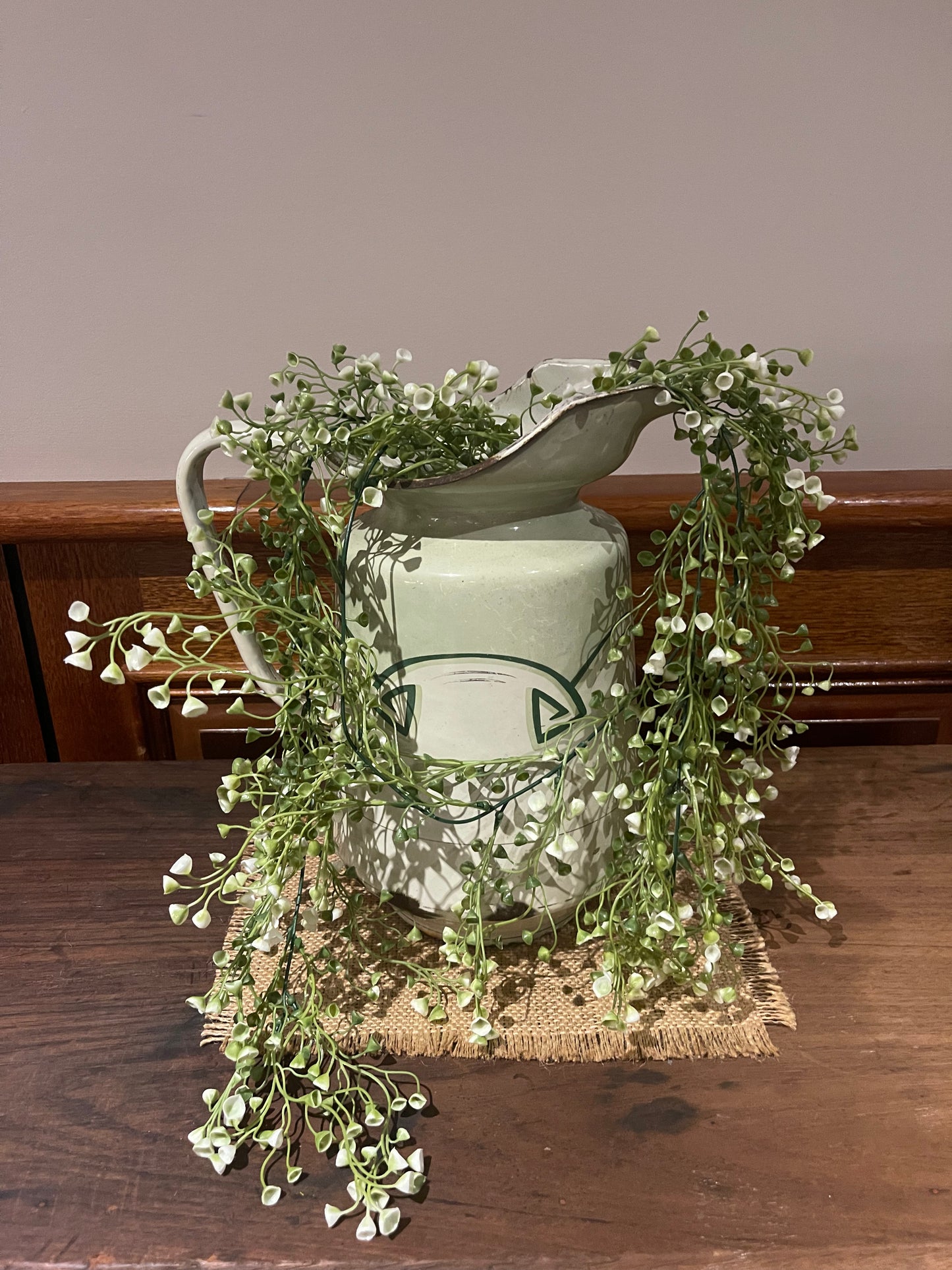 Lovely vintage green & white enamel jug Rockhampton Vintage Hire