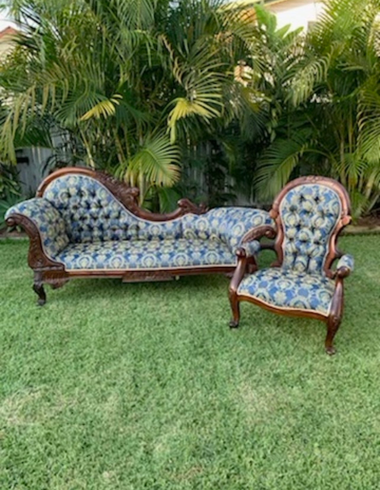 Blue Chaise x2 & armchair Rockhampton Vintage Hire