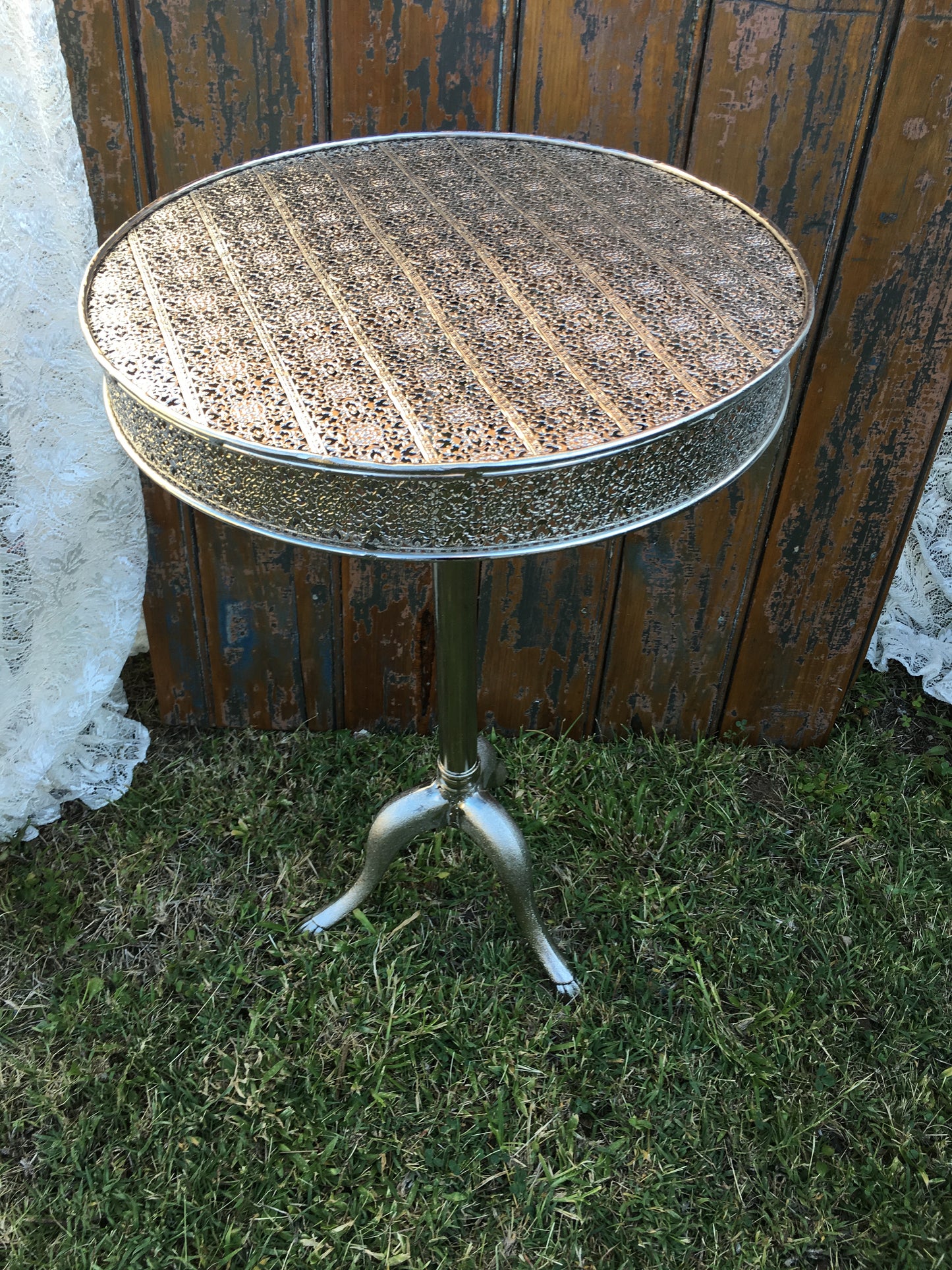 Occasional Table - Silver Pressed Metal Pedestal Table Rockhampton Vintage Hire