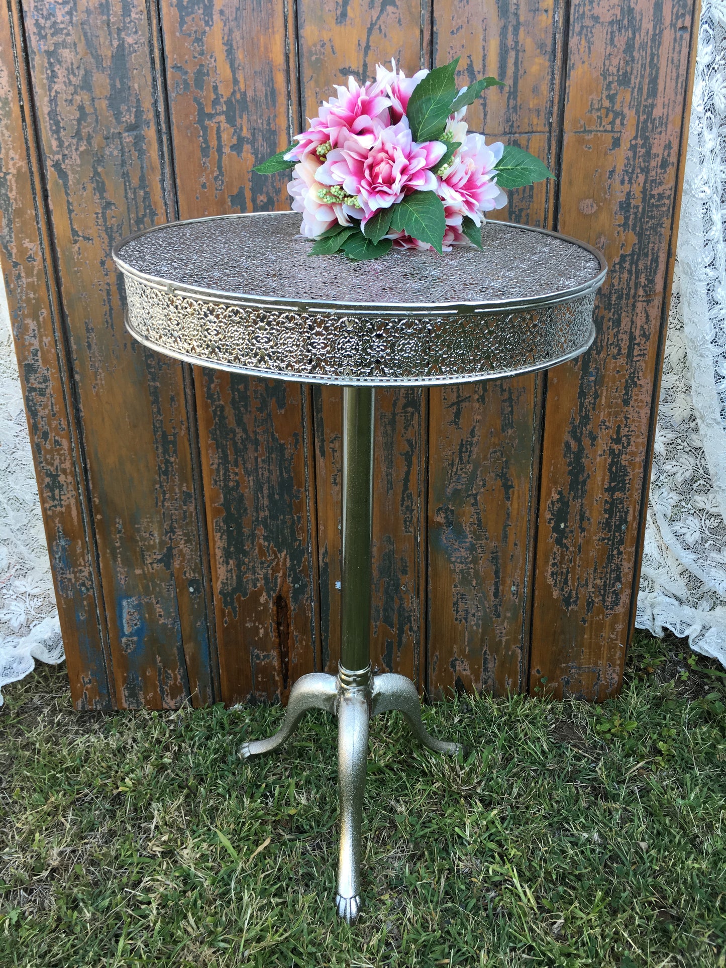 Occasional Table - Silver Pressed Metal Pedestal Table Rockhampton Vintage Hire