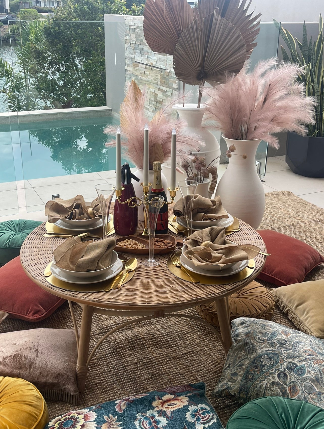 Island Luxe Cane & Rattan Round Natural Coffee & picnic Table Rockhampton Vintage Hire