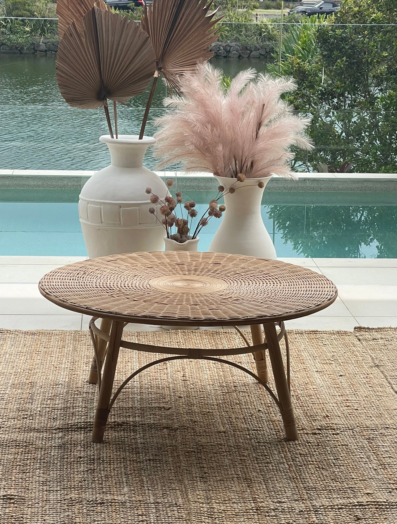 Island Luxe Cane & Rattan Round Natural Coffee & picnic Table Rockhampton Vintage Hire