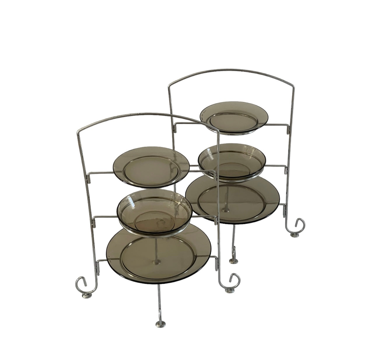 3-Tier Silver Metal Plate Stand x2 Bundle with Vintage Smokey Glass PlatesRockhampton Vintage Hire