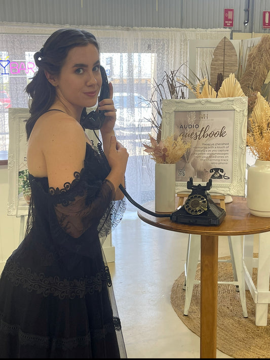 Audio Guestbook for hire. Preserve cherished memories with a touch of nostalgia as you capture heartfelt voice messages from your loved ones on this charming retro phone. Rockhampton Vintage Hire