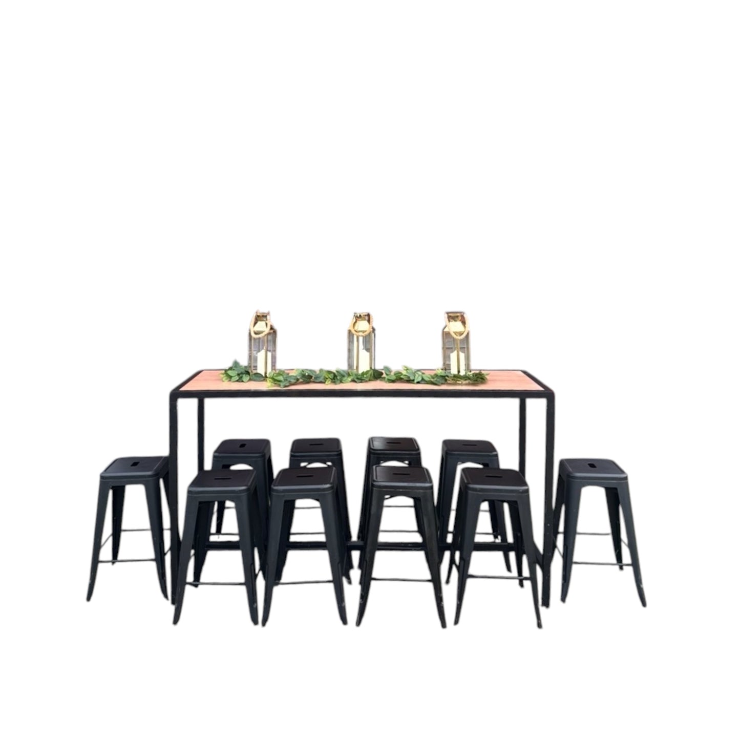 High Bar Long Table - Black Frame Timber Slat + Stools x11 Bundle. Rockhampton Vintage Hire