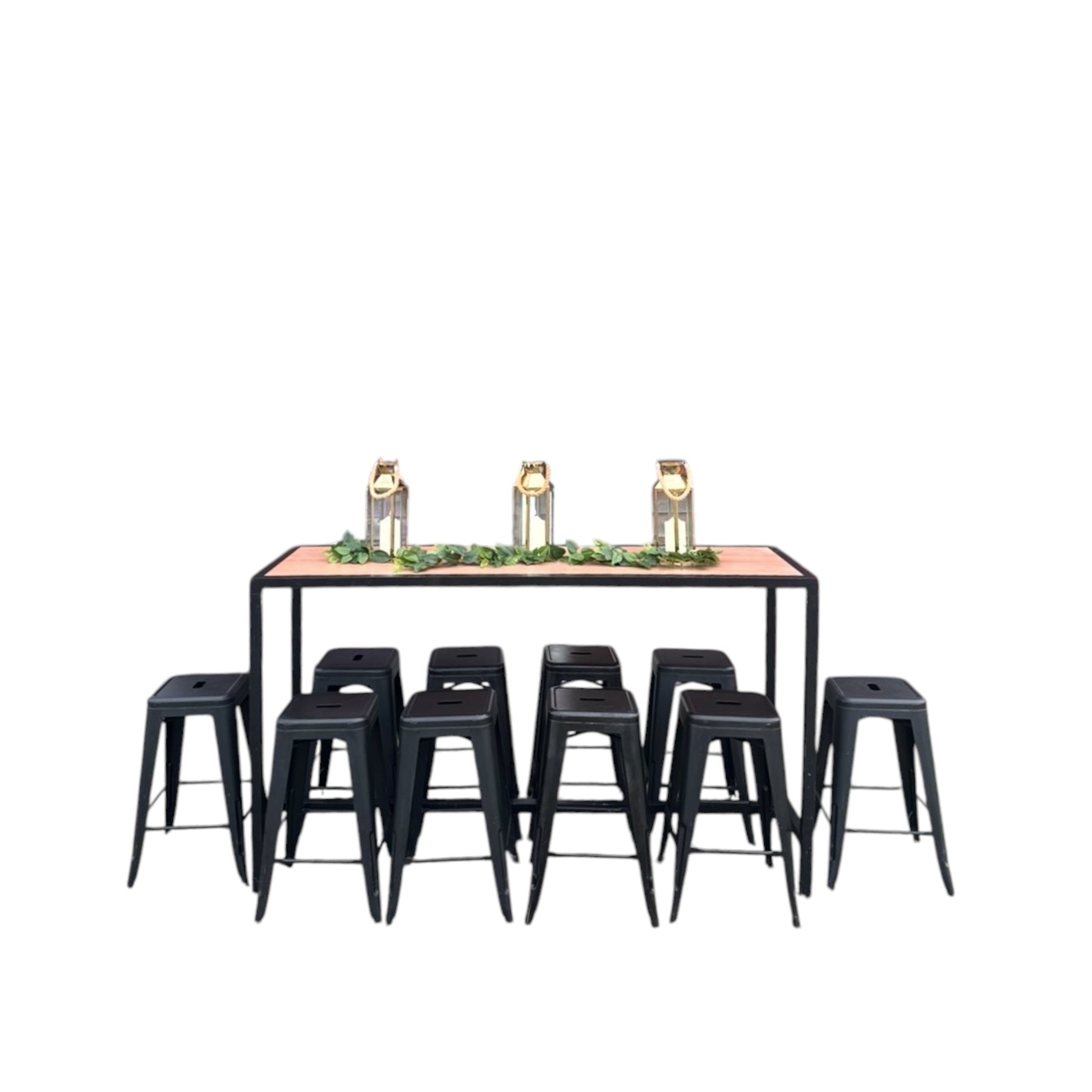 High Bar Long Table - Black Frame Timber Slat + Stools x11 Bundle. Rockhampton Vintage Hire