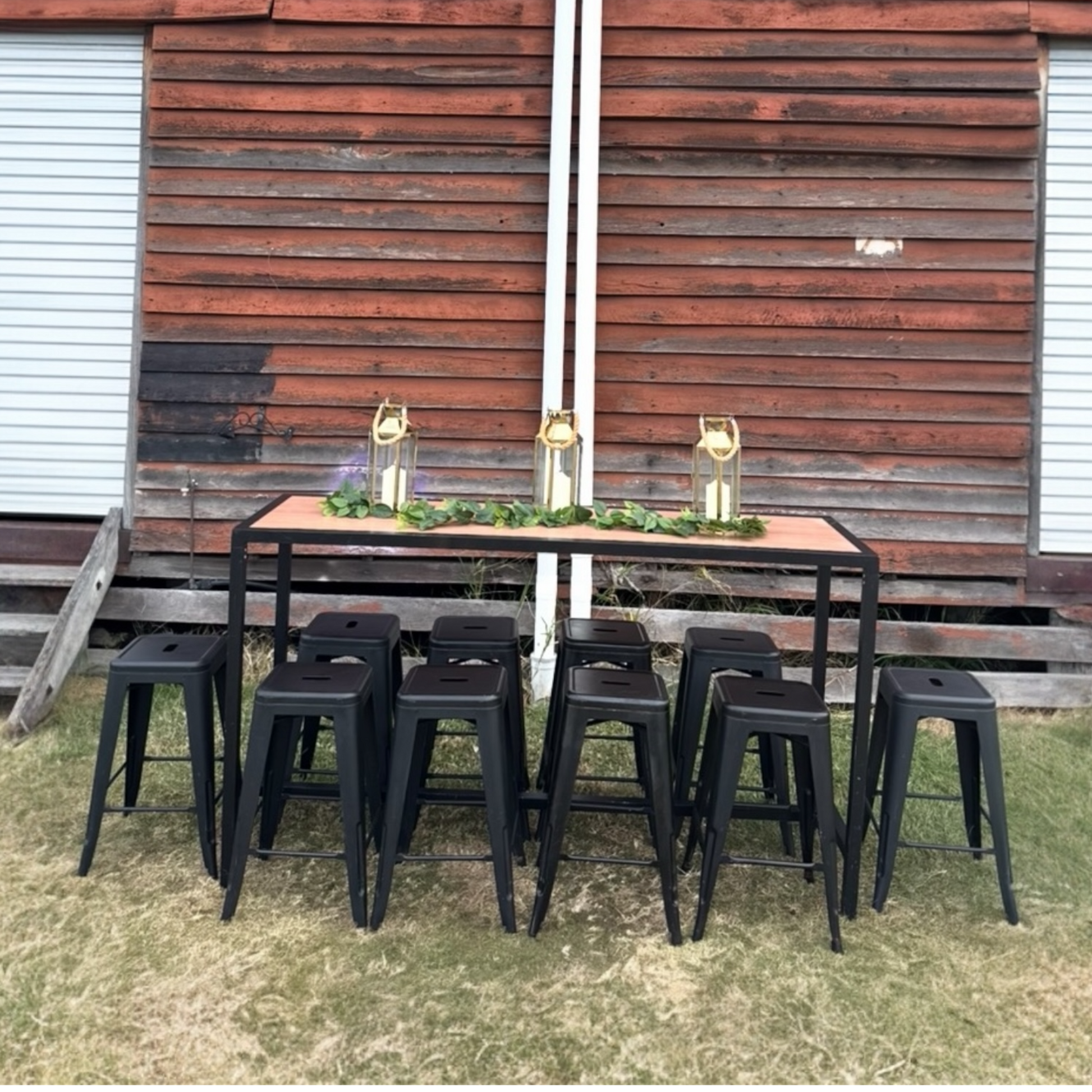 High Bar Long Table - Black Frame Timber Slat + Stools x11 Bundle. Rockhampton Vintage Hire
