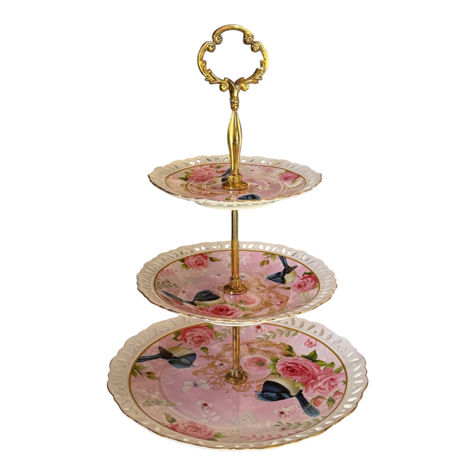This gorgeous Pink with Blue Bird 3-Tier Cake Stand features a vintage-inspired pink floral and bird motif paired with a center tier rod and carry ring. Rockhampton Vintage Hire - Hire High Tea Rockhampton, weddings & events hire