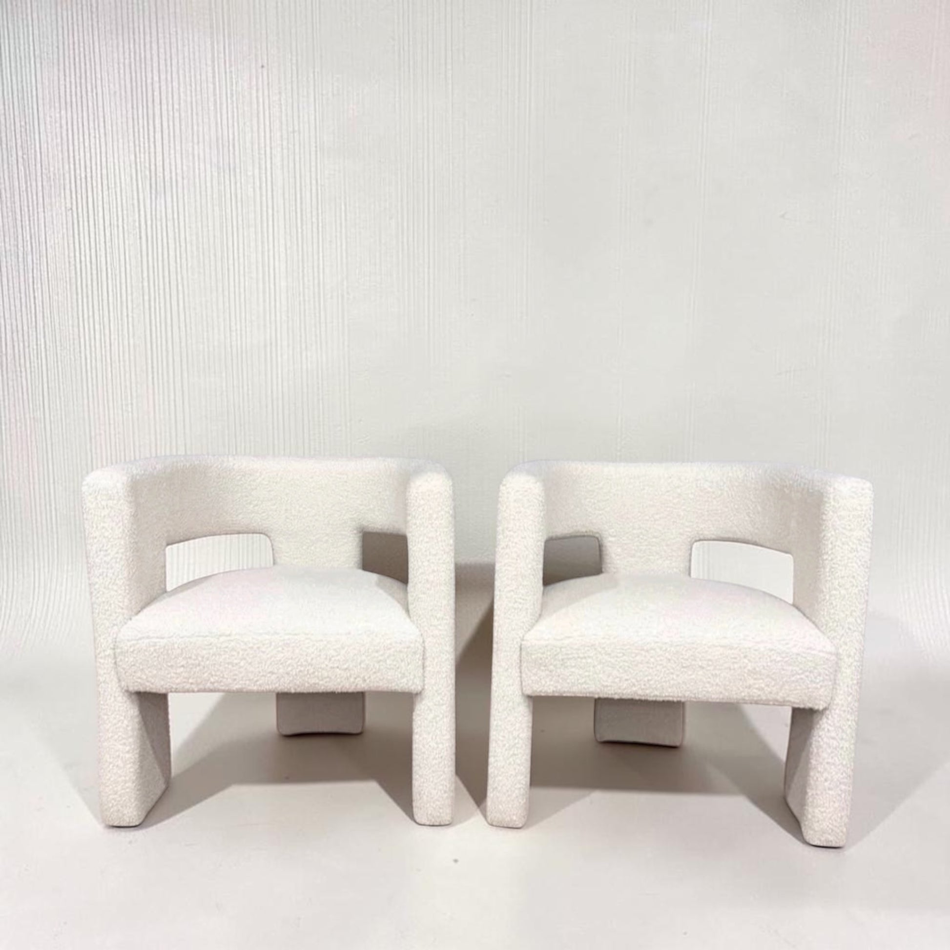 Boucle cream accent dining chairs, add a touch of modern contemporary styling, please see our lounge chairs to compliment the look. Rockhampton Vintage Hire. Weddings, events, party hire