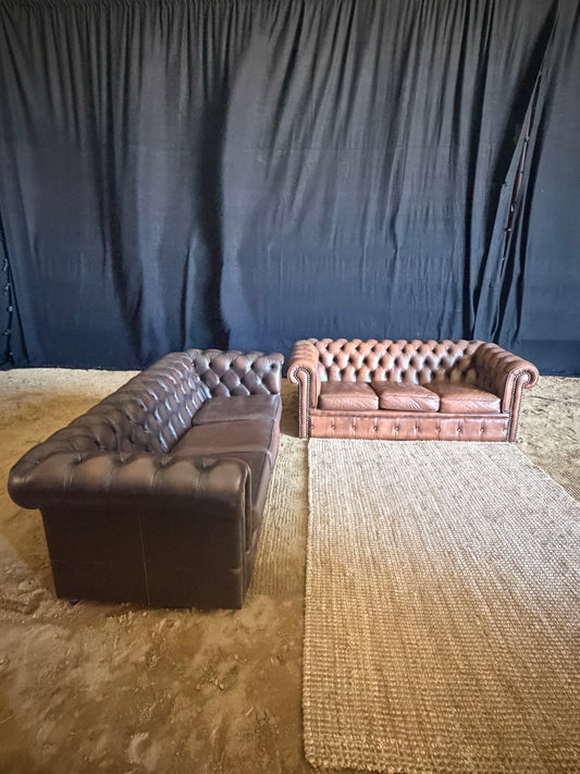Couch - Vintage Chesterfield Moran 2 x available in tan & chocolate Wedding & Event Rockhampton Vintage Hire