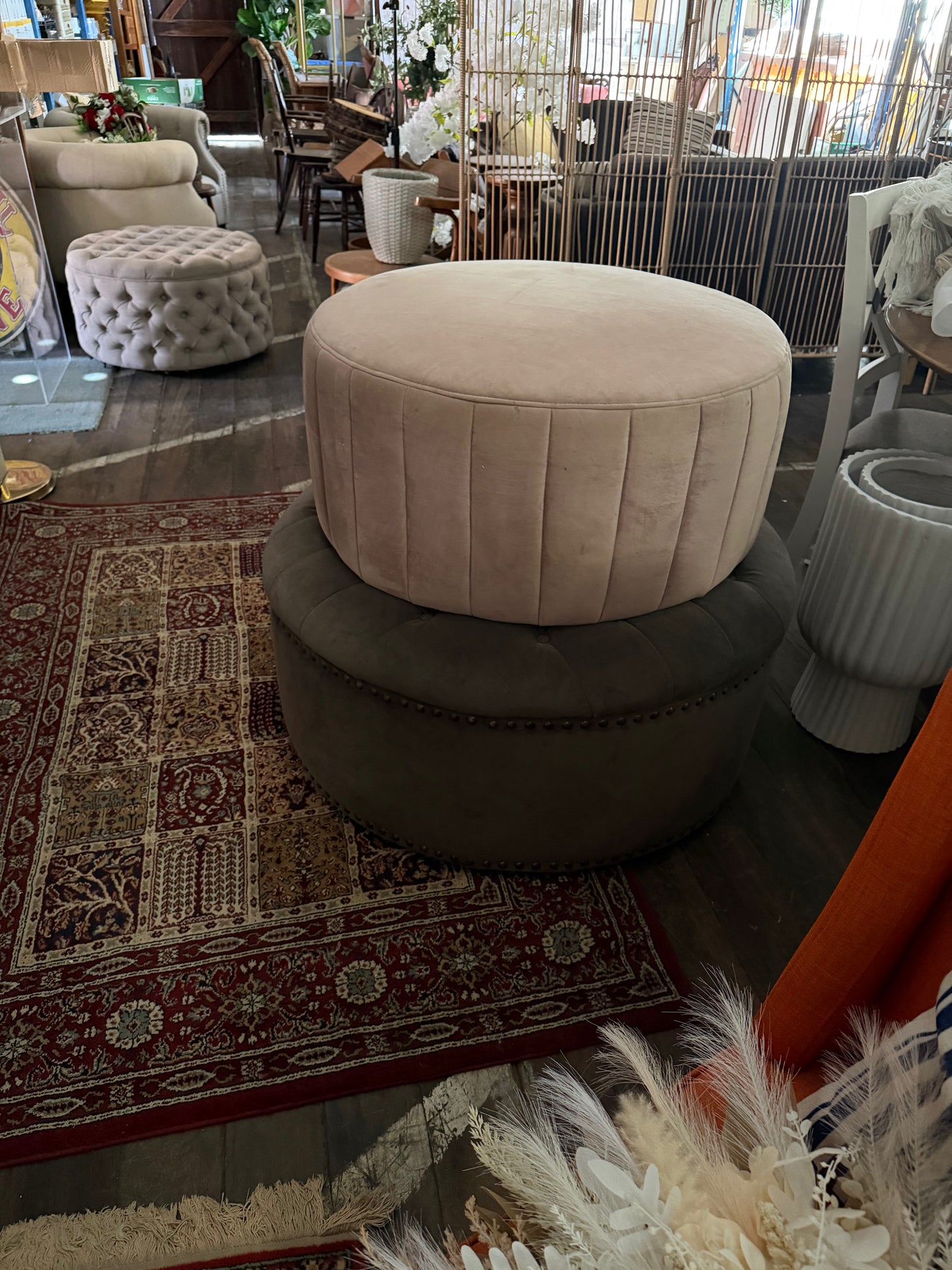 Ottoman Large Round Tufted Grey