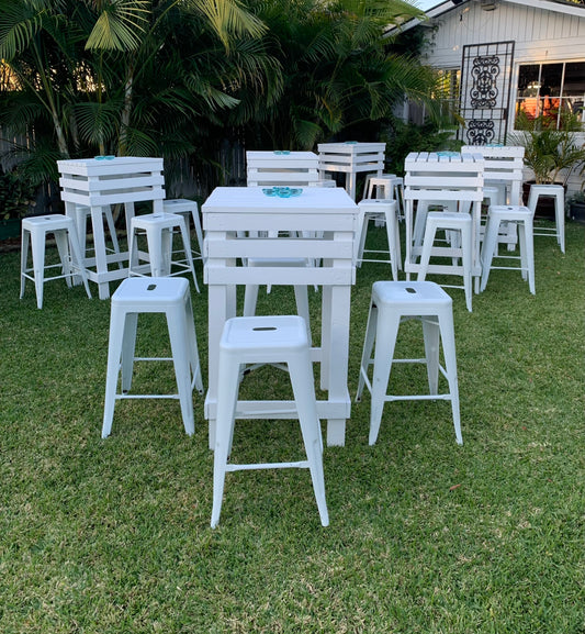 Dry Bar Pallet Tables + Stools 30-Piece Package Rockhampton Vintage Hire