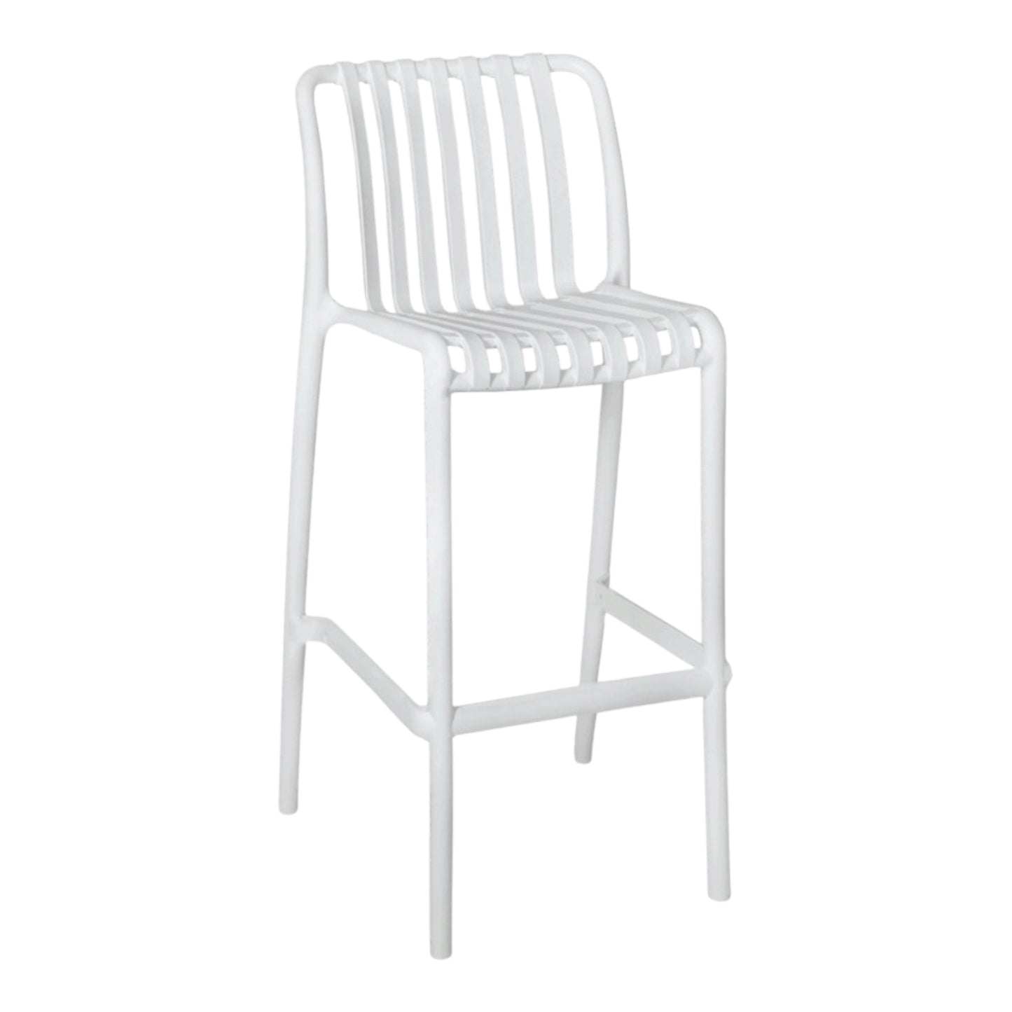 Eva white slat bar stools are lightweight and durable, made from Polypropylene plastic, suitable for both indoor and outdoor events. Rockhampton Vintage Hire