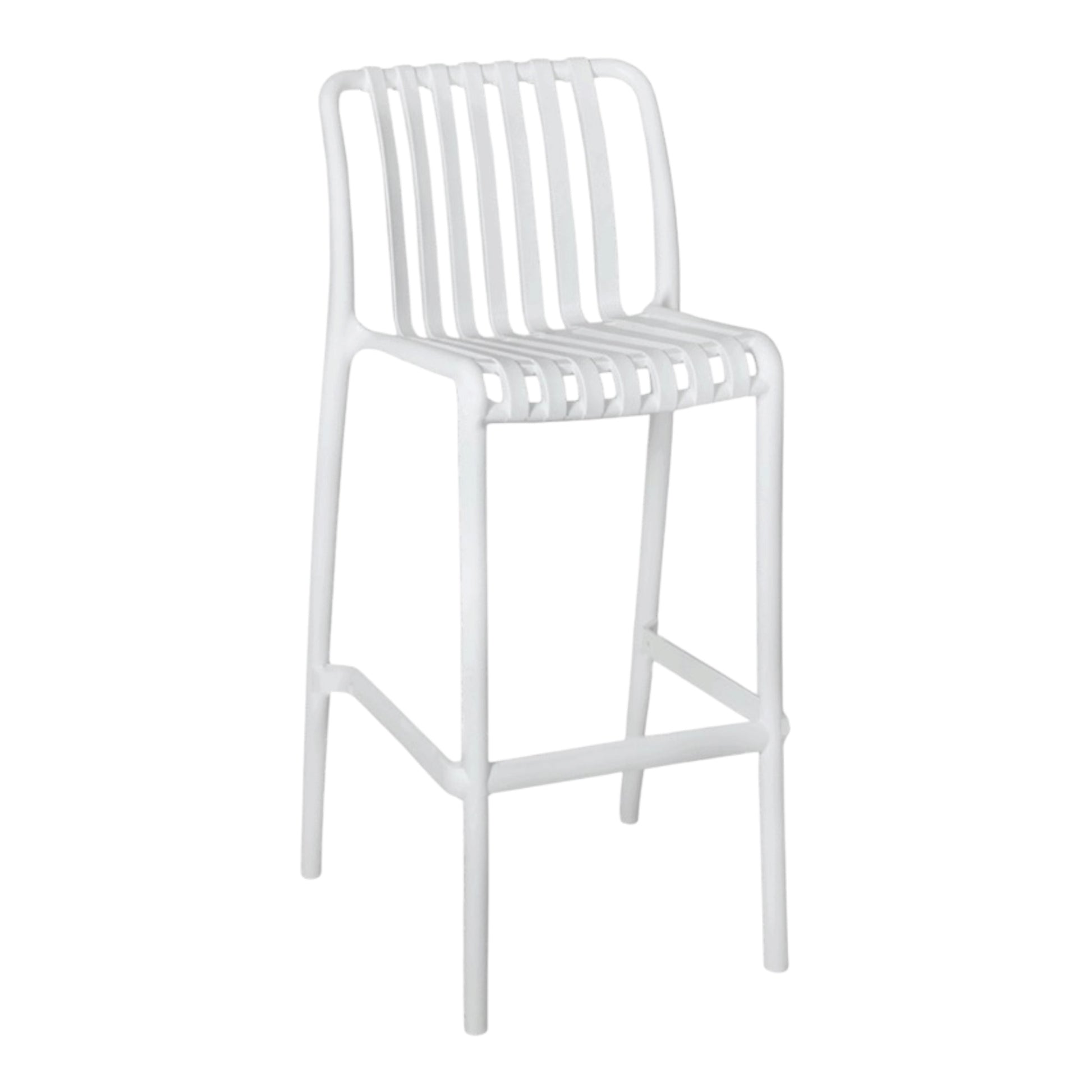 Eva white slat bar stools are lightweight and durable, made from Polypropylene plastic, suitable for both indoor and outdoor events. Rockhampton Vintage Hire
