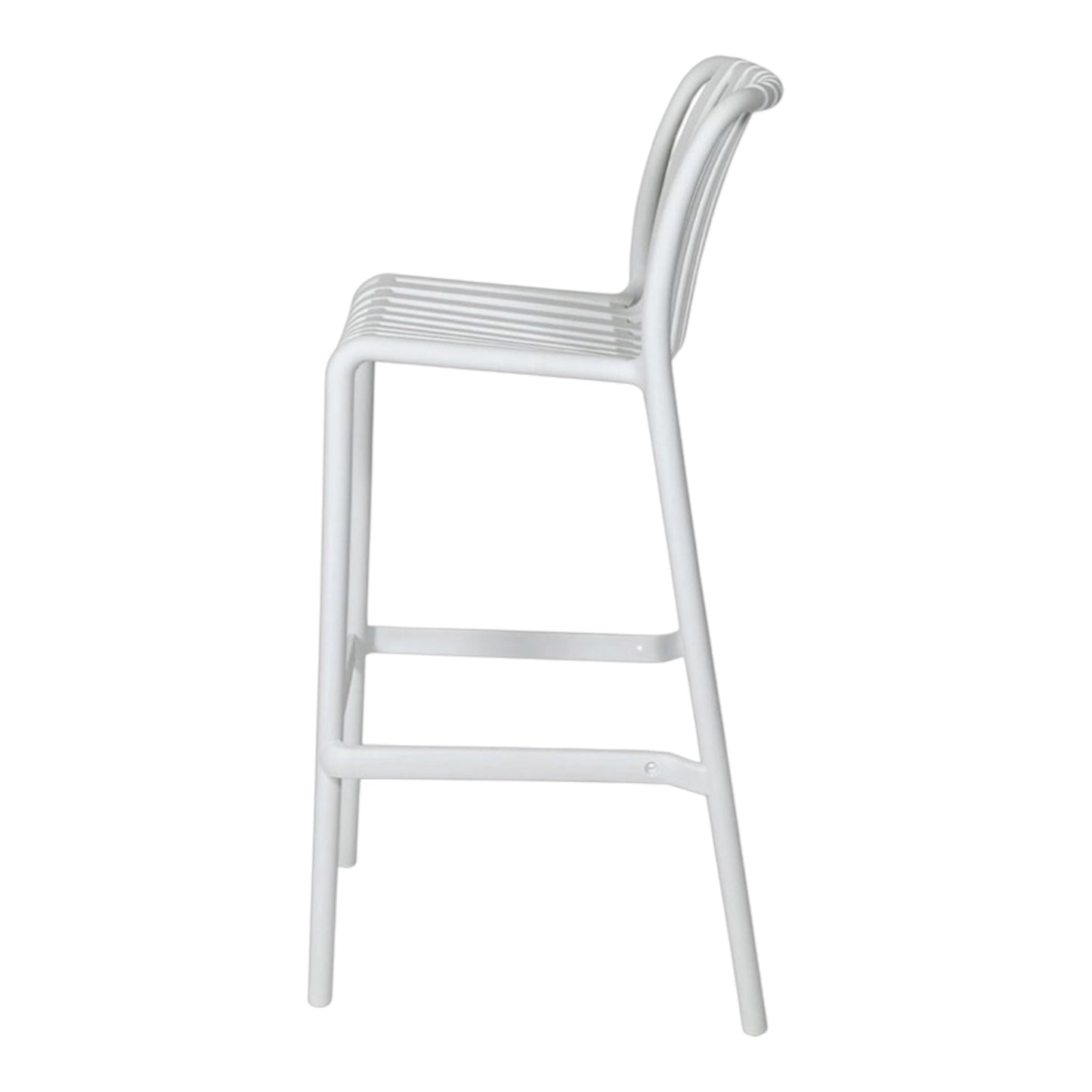 Eva white slat bar stools are lightweight and durable, made from Polypropylene plastic, suitable for both indoor and outdoor events. Rockhampton Vintage Hire