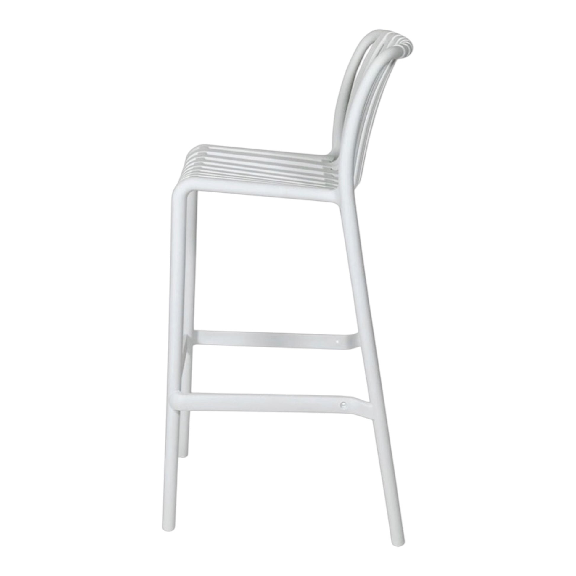 Eva white slat bar stools are lightweight and durable, made from Polypropylene plastic, suitable for both indoor and outdoor events. Rockhampton Vintage Hire