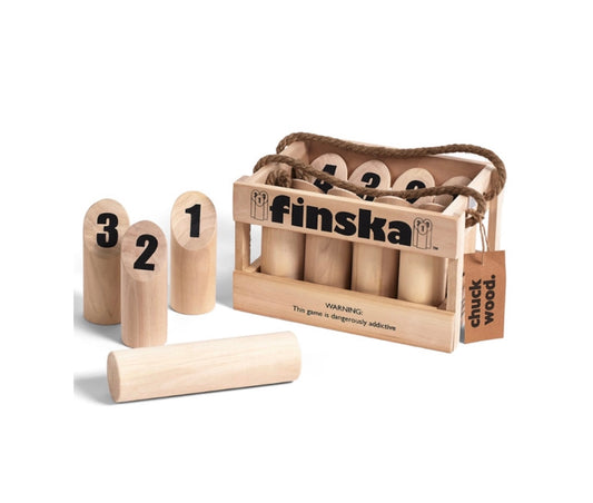 Rent the 'Original Knockdown Pins' game Finska for your upcoming event! This original set is made from eco-friendly birch and comes with a birch carrying crate, 12 numbered pins, a Finska throwing log, and laminated rules and scorecard to protect against the weather. Rockhampton Vintage Hire