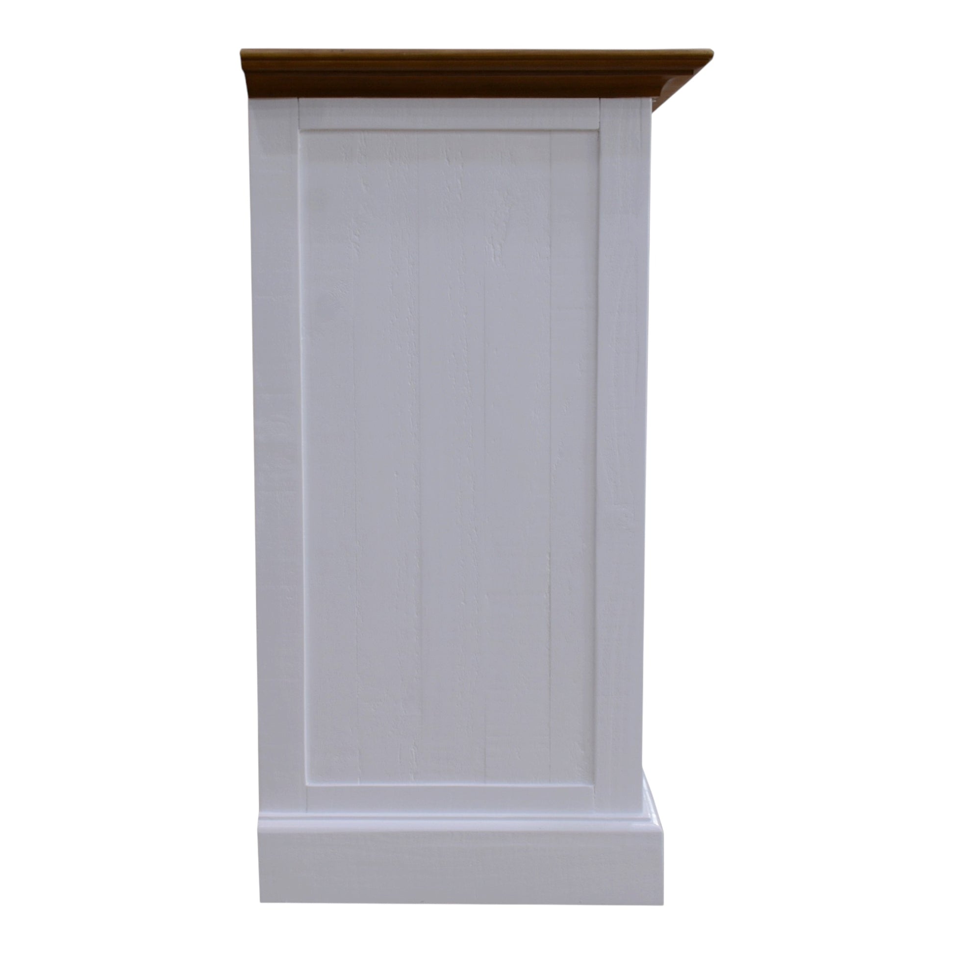 Hampton buffet sideboard white frame and polished timber top, suitable for events displaying and serving food. lollies, sweets, deserts, cakes. Rockhampton Vintage Hire