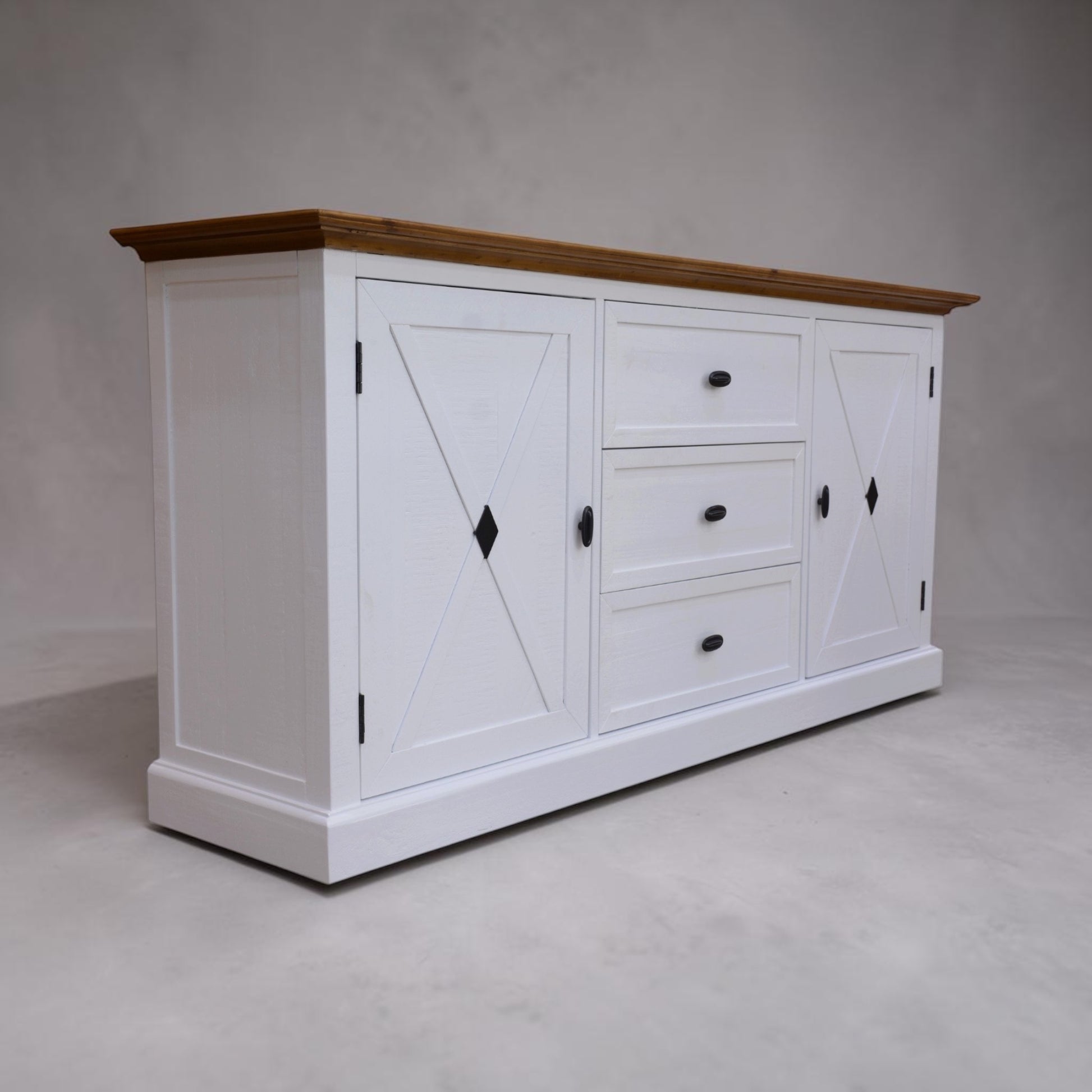Hampton buffet sideboard with storage, white frame and polished timber top, suitable for events as a drink station with drink dispensers, glasses, plates, cutlery or displaying and serving food. lollies, sweets, deserts, cakes. Rockhampton Vintage Hire
