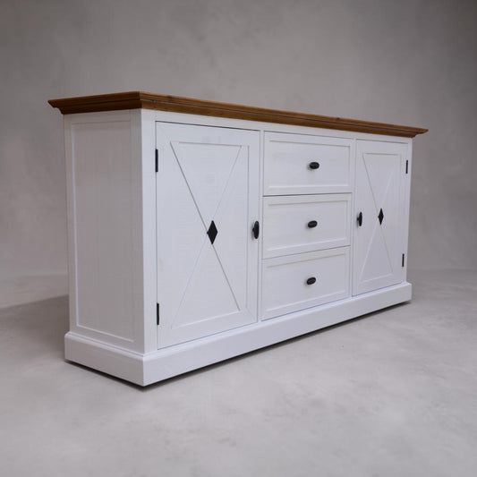 Hampton buffet sideboard with storage, white frame and polished timber top, suitable for events as a drink station with drink dispensers, glasses, plates, cutlery or displaying and serving food. lollies, sweets, deserts, cakes. Rockhampton Vintage Hire