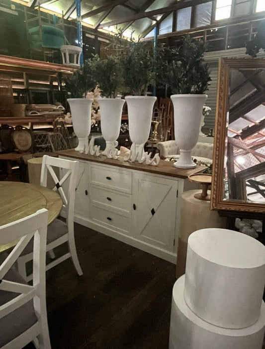 Hampton buffet sideboard white frame and polished timber top, suitable for events displaying and serving food. lollies, sweets, deserts, cakes. Rockhampton Vintage Hire
