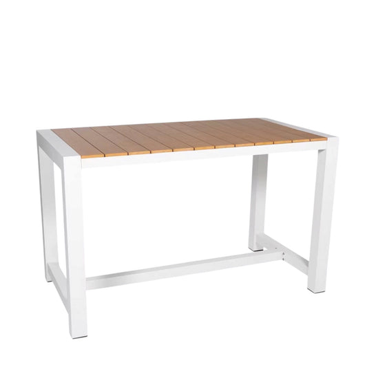 High Bar Long Counter Table - White Frame Timber Slat top.  Rockhampton Vintage Hire. Weddings, events & party hire. Wedding, event & party hire